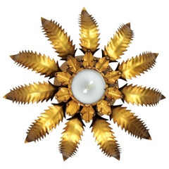 Spanish 1950s Brutalist Gilt Metal Leafed Sunburst Ceiling Light Fixture