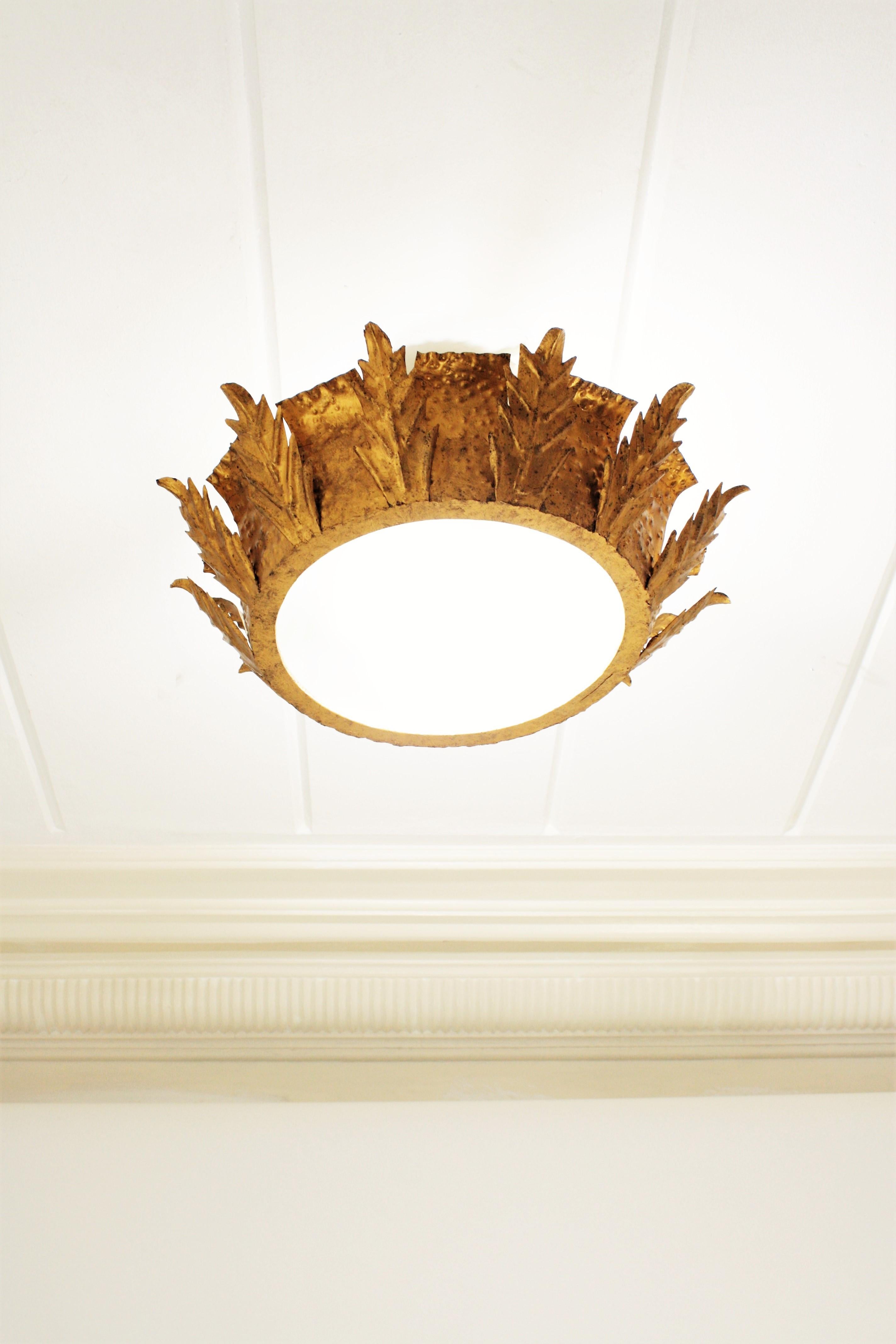 Brutalist Crown Sunburst Ceiling Light Fixture in Gilt Iron & Frosted Glass 1
