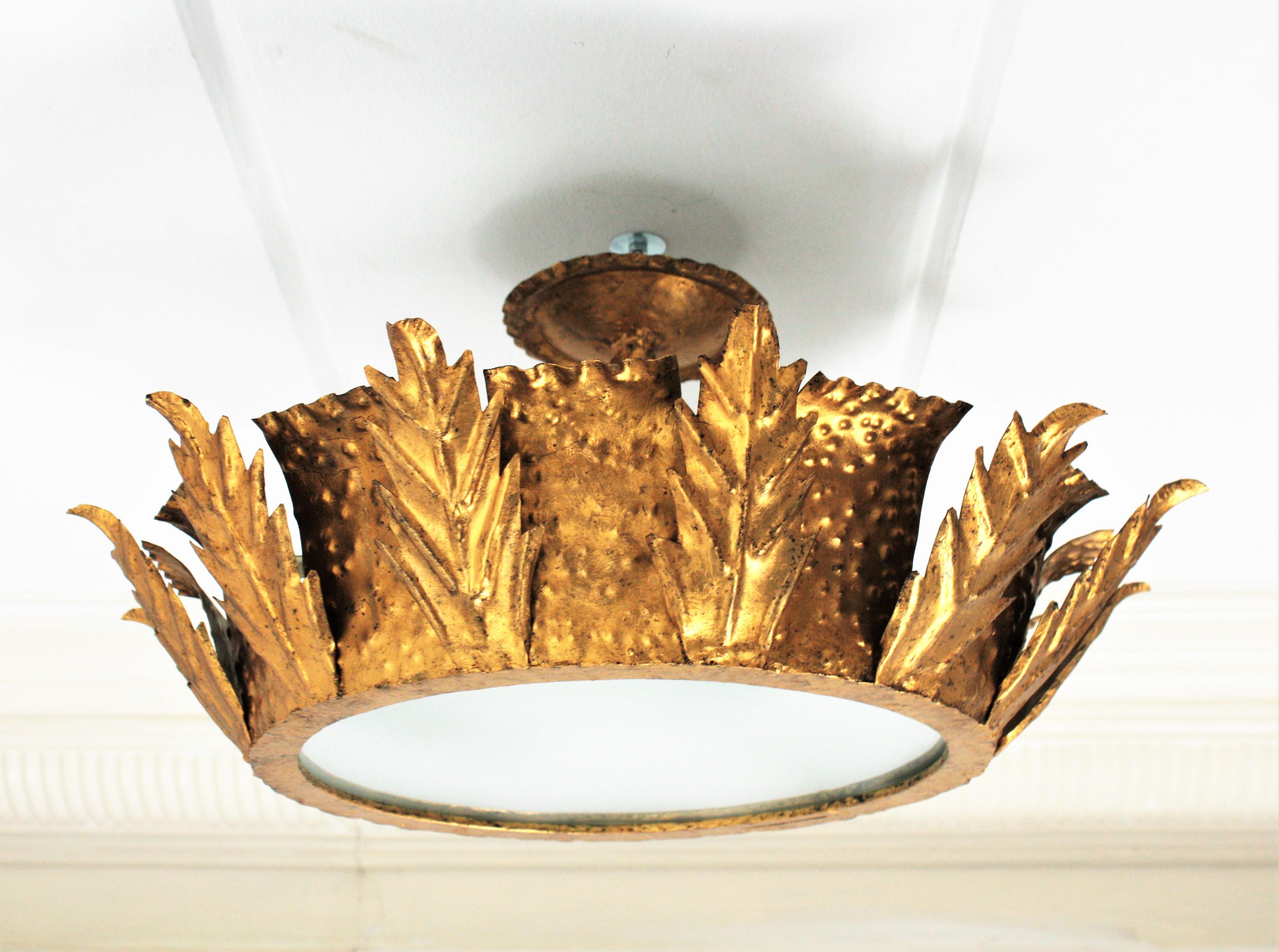 Brutalist Crown Sunburst Ceiling Light Fixture in Gilt Iron & Frosted Glass 4