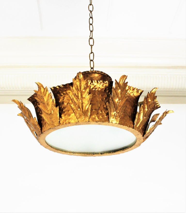 Spanish 1950s Brutalist Hammered Gilt Iron Crown Sunburst Ceiling