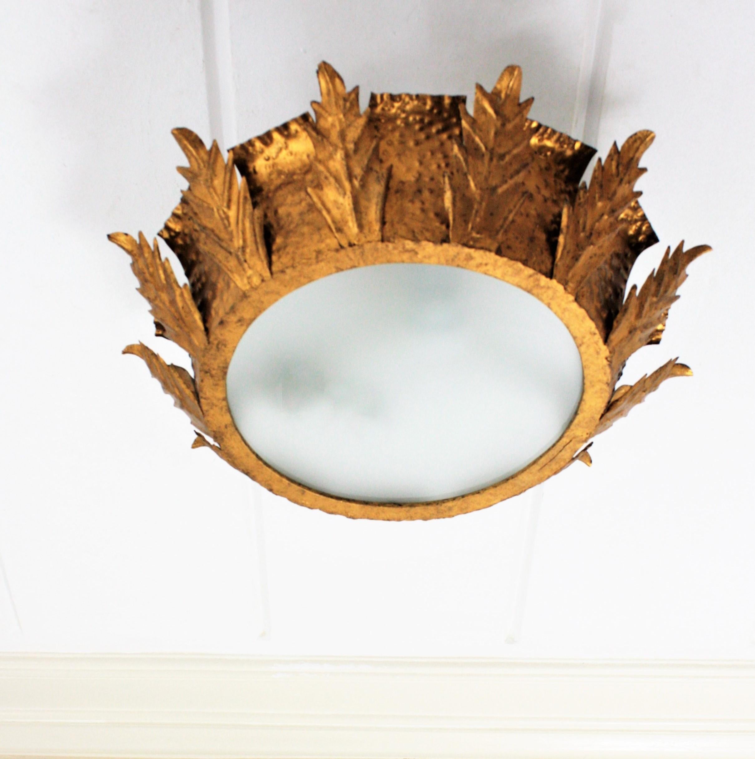 20th Century Brutalist Crown Sunburst Ceiling Light Fixture in Gilt Iron & Frosted Glass