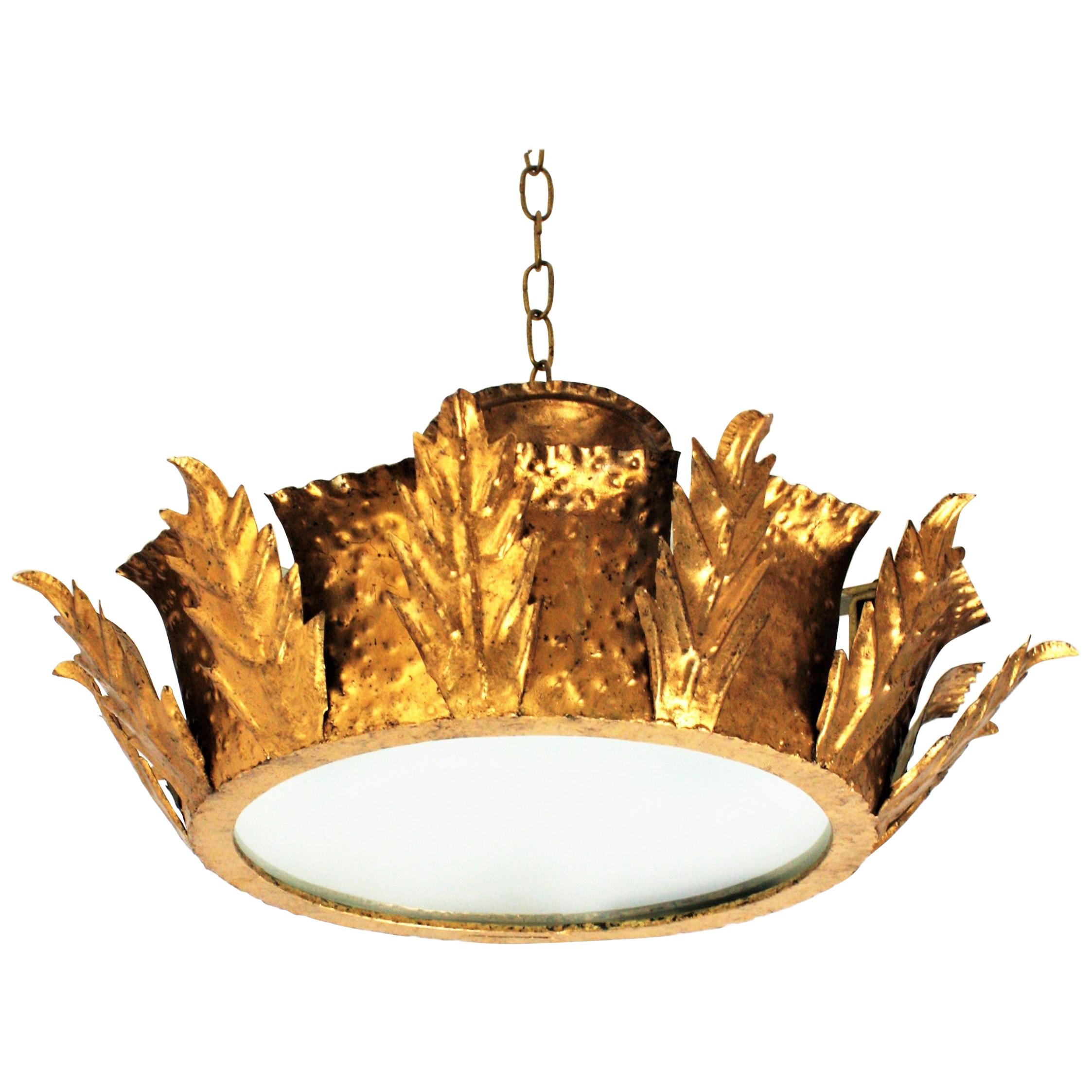 Brutalist Crown Sunburst Ceiling Light Fixture in Gilt Iron & Frosted Glass