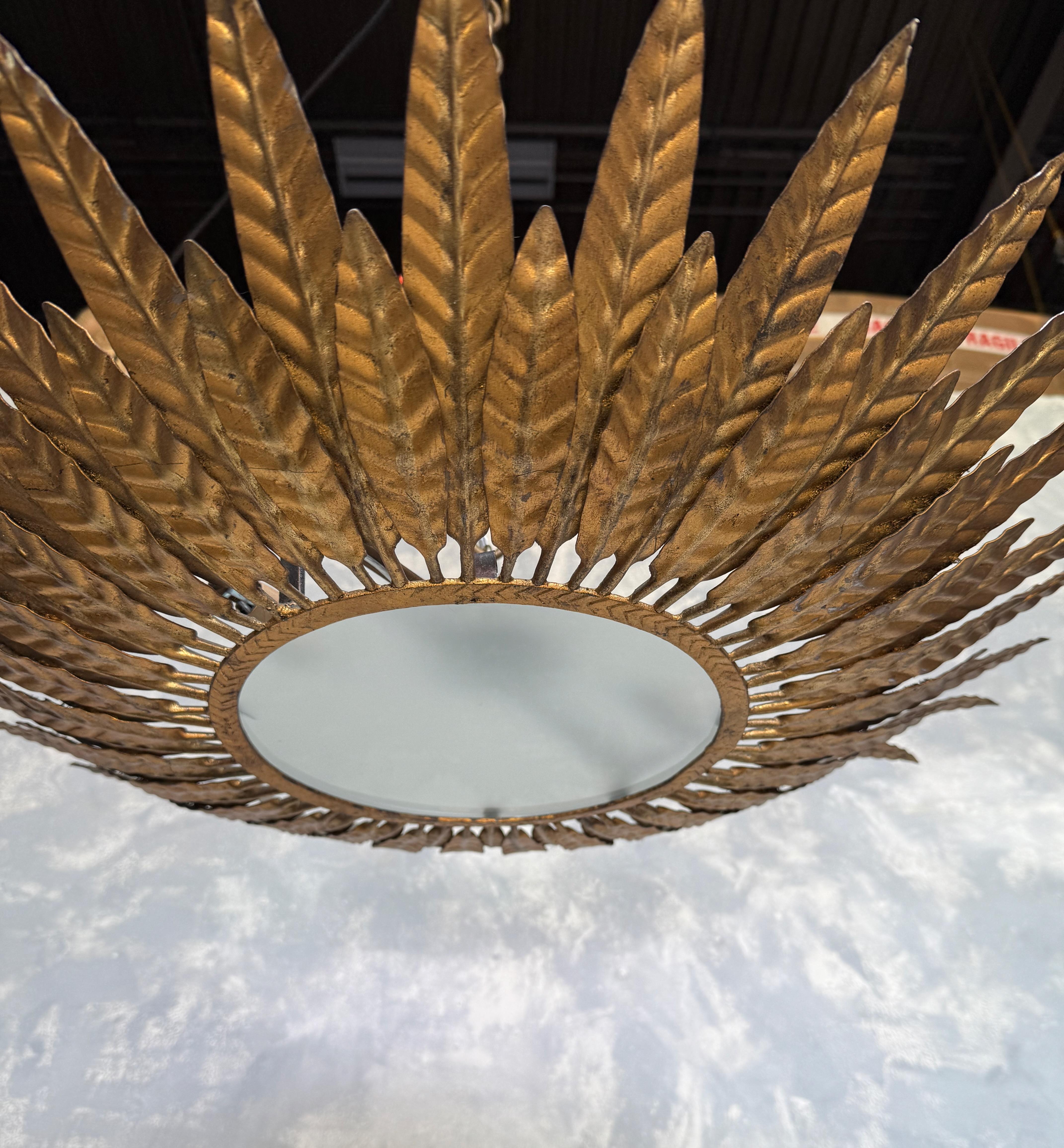 Spanish 1950's Flush Mount Sunburst Ceiling Fixture For Sale 4