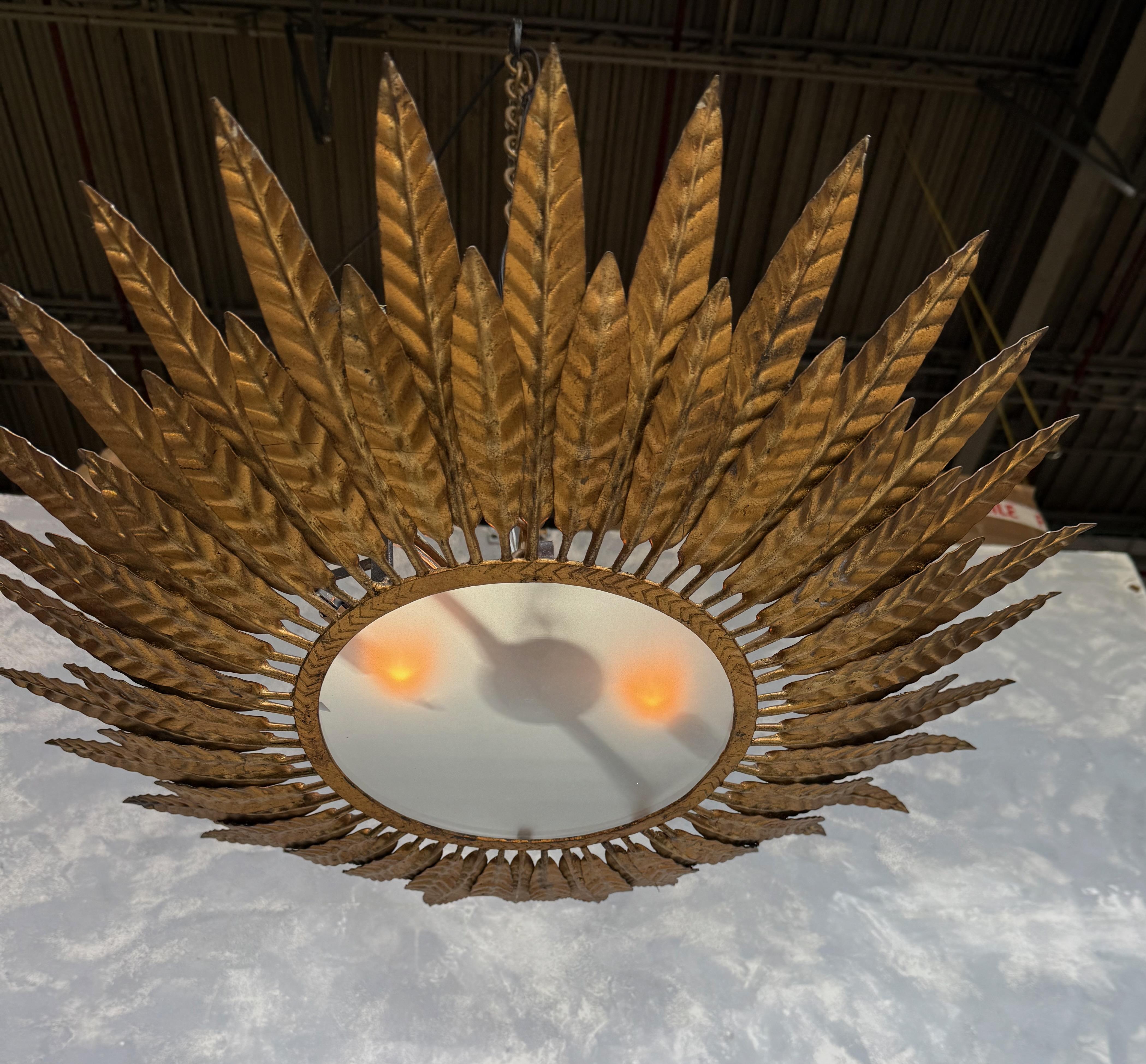 Spanish 1950's Flush Mount Sunburst Ceiling Fixture For Sale 6