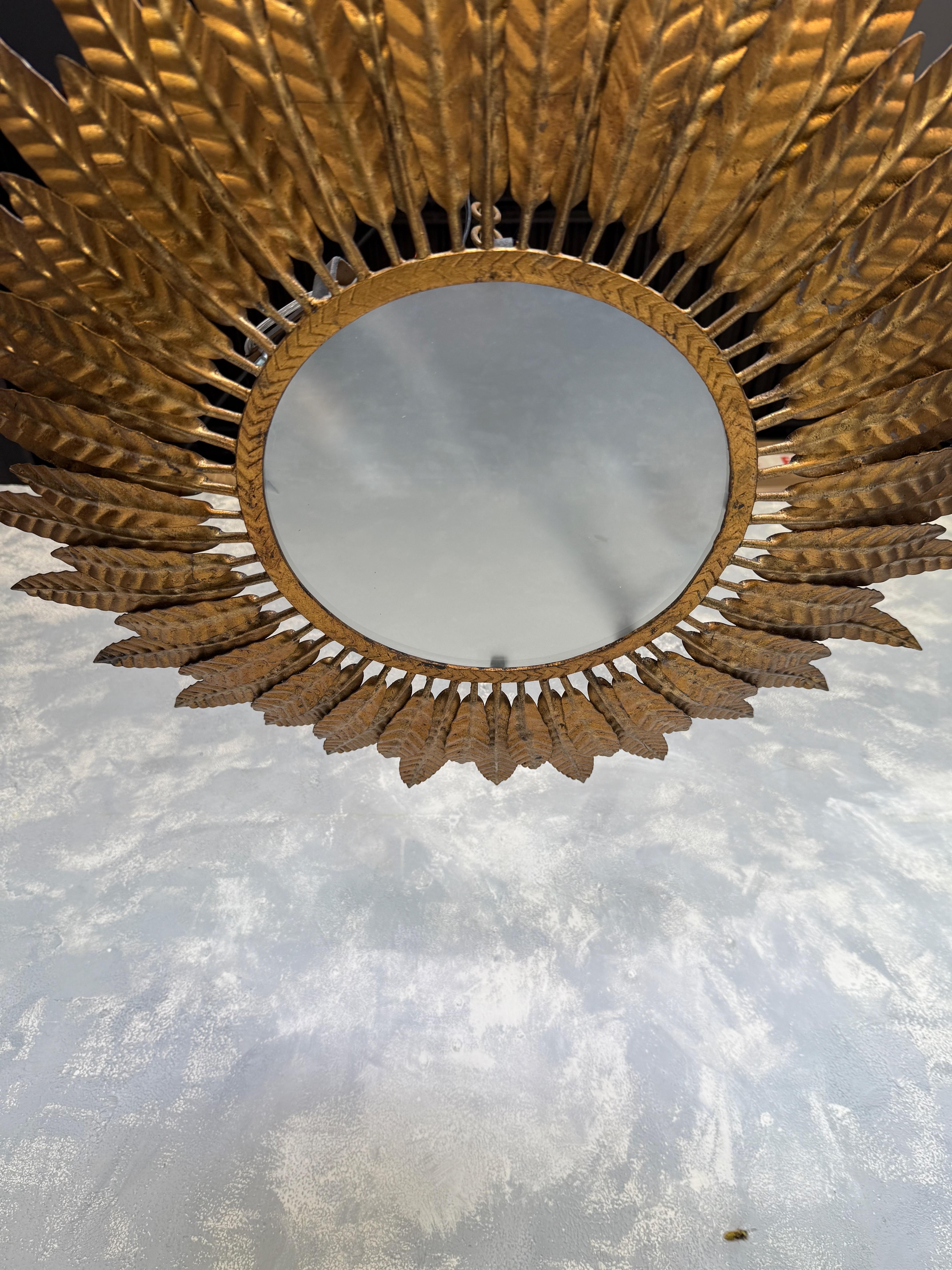 Spanish 1950's Flush Mount Sunburst Ceiling Fixture For Sale 7