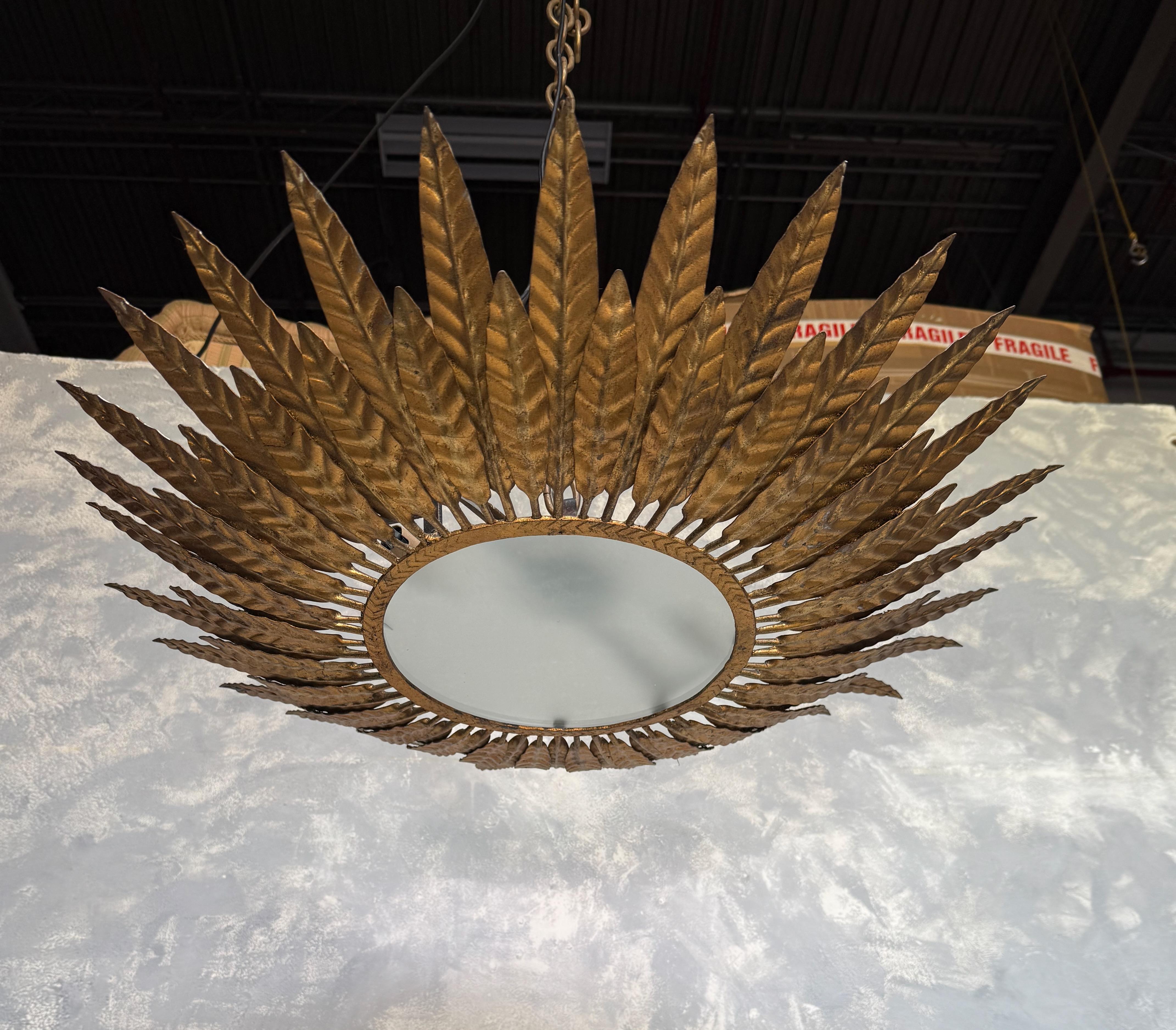 Spanish 1950's Flush Mount Sunburst Ceiling Fixture In Good Condition For Sale In Buchanan, NY