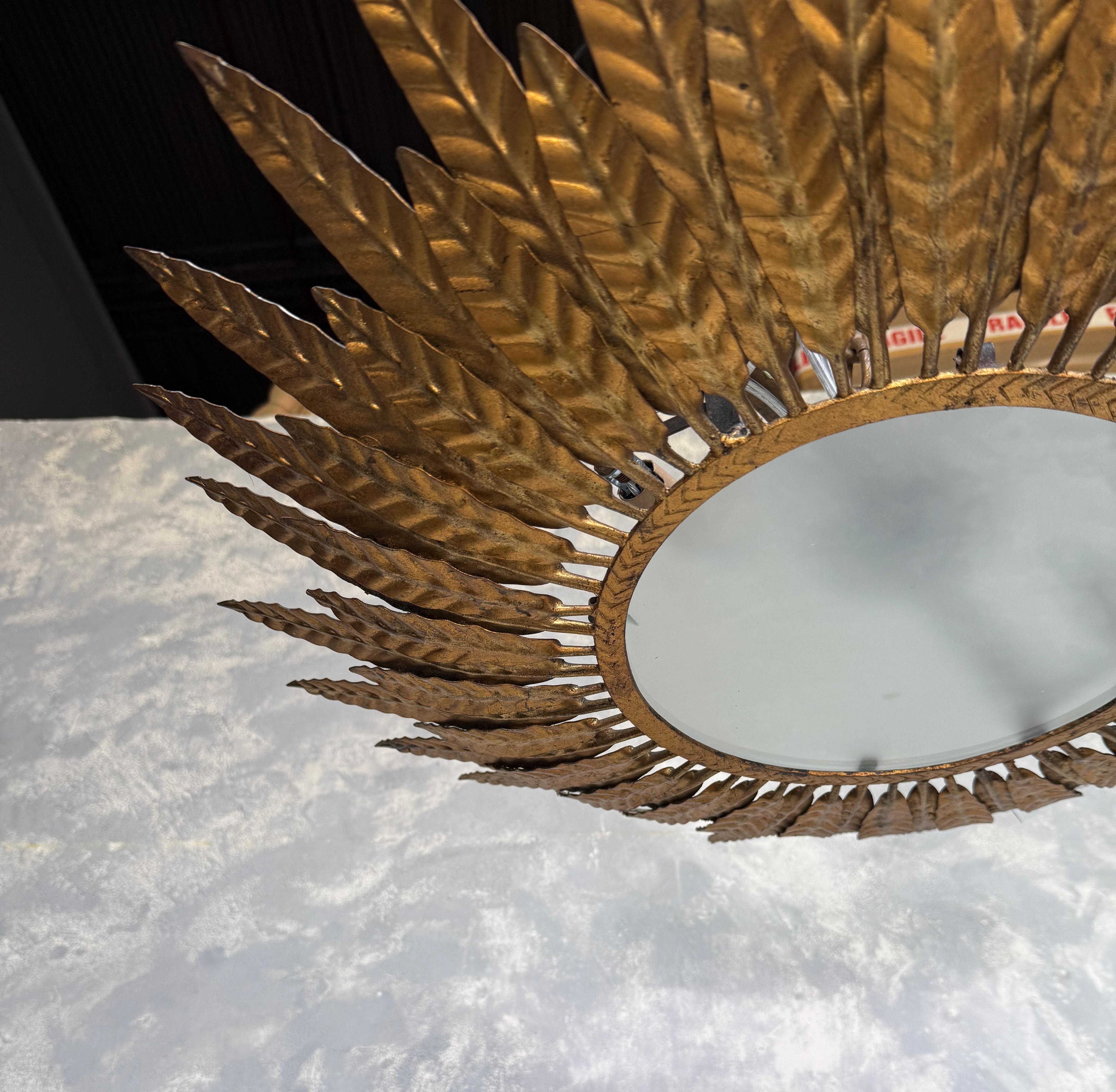 Mid-20th Century Spanish 1950's Flush Mount Sunburst Ceiling Fixture For Sale