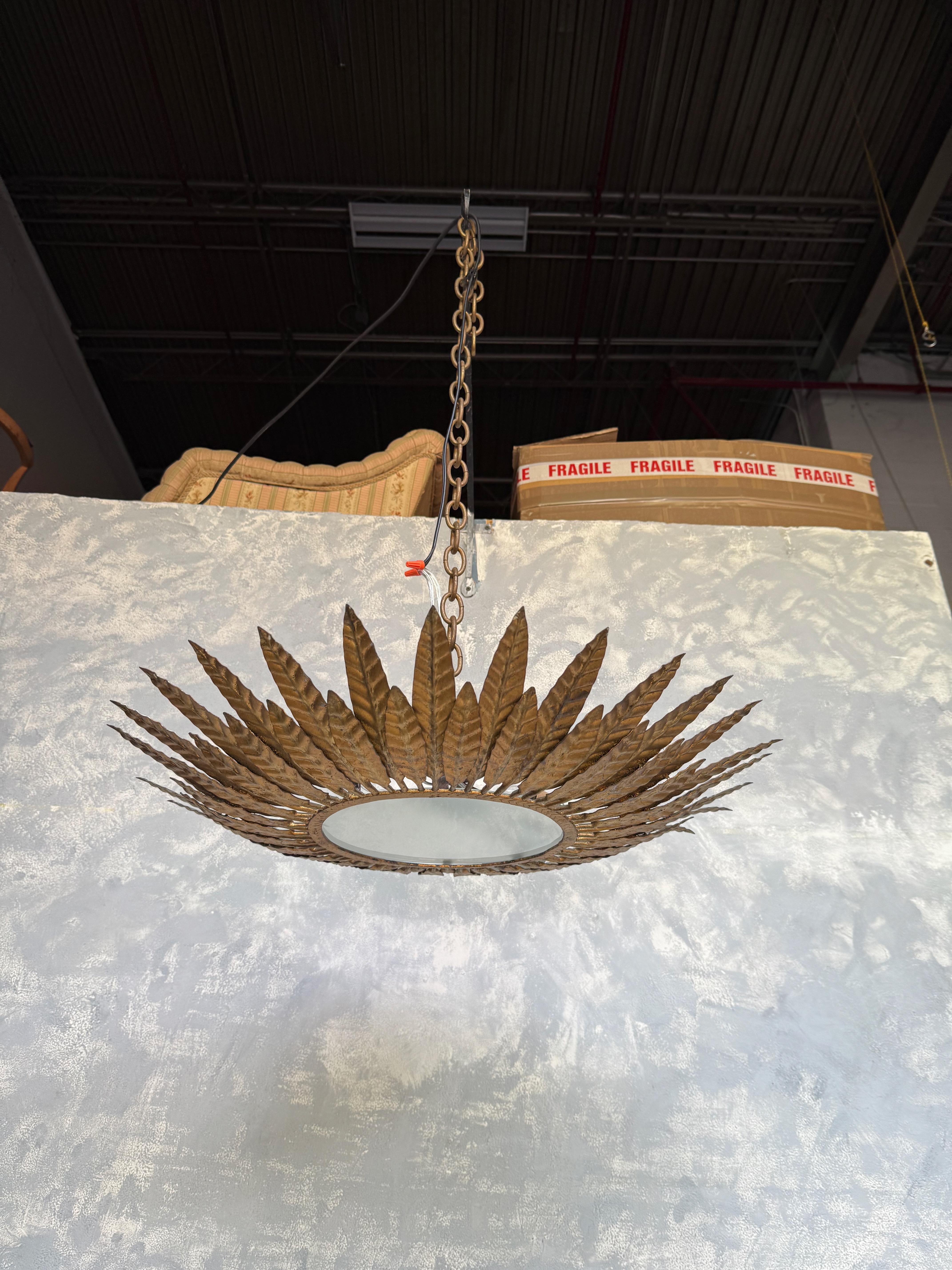 Metal Spanish 1950's Flush Mount Sunburst Ceiling Fixture For Sale