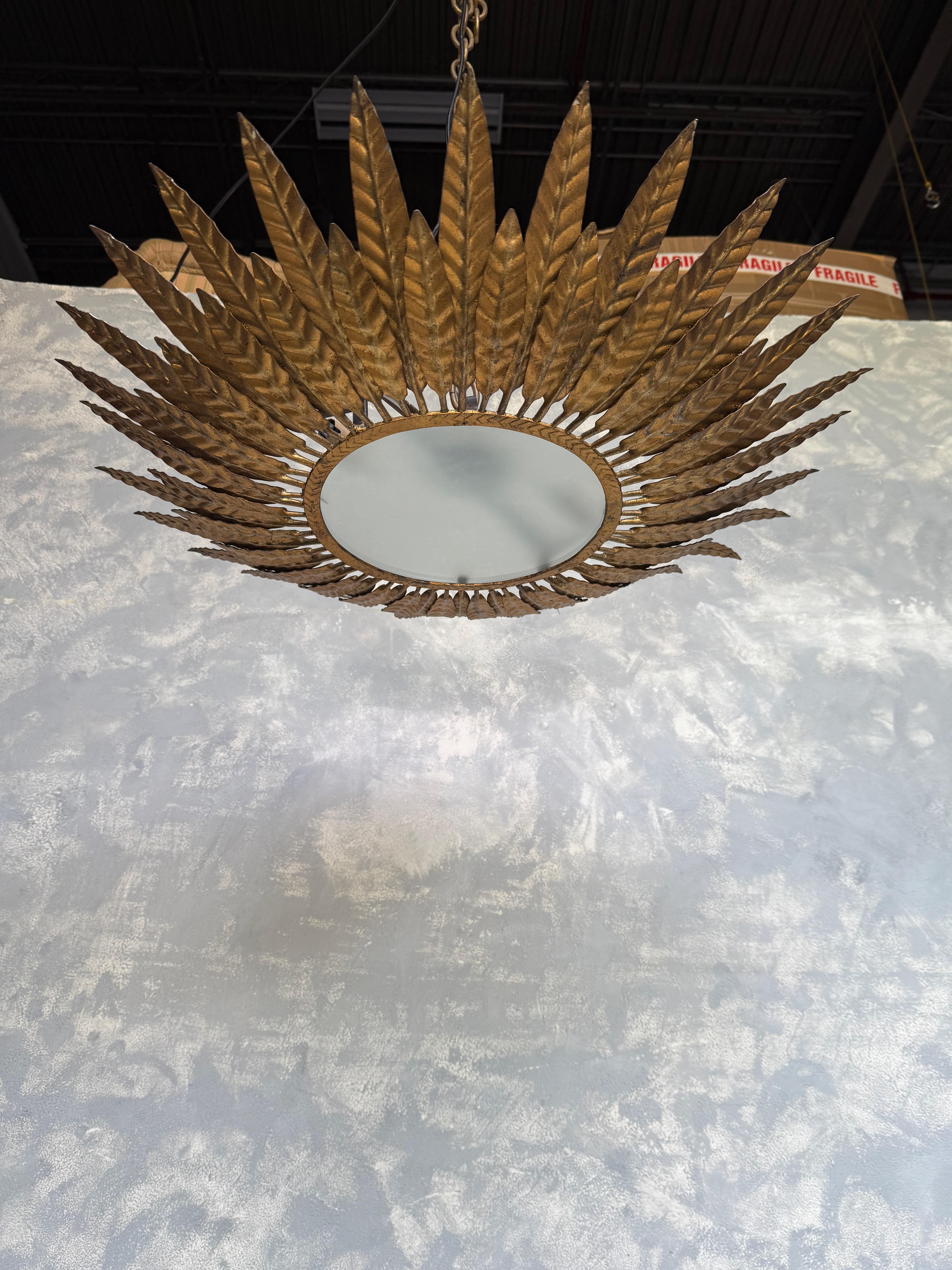 Spanish 1950's Flush Mount Sunburst Ceiling Fixture For Sale 1
