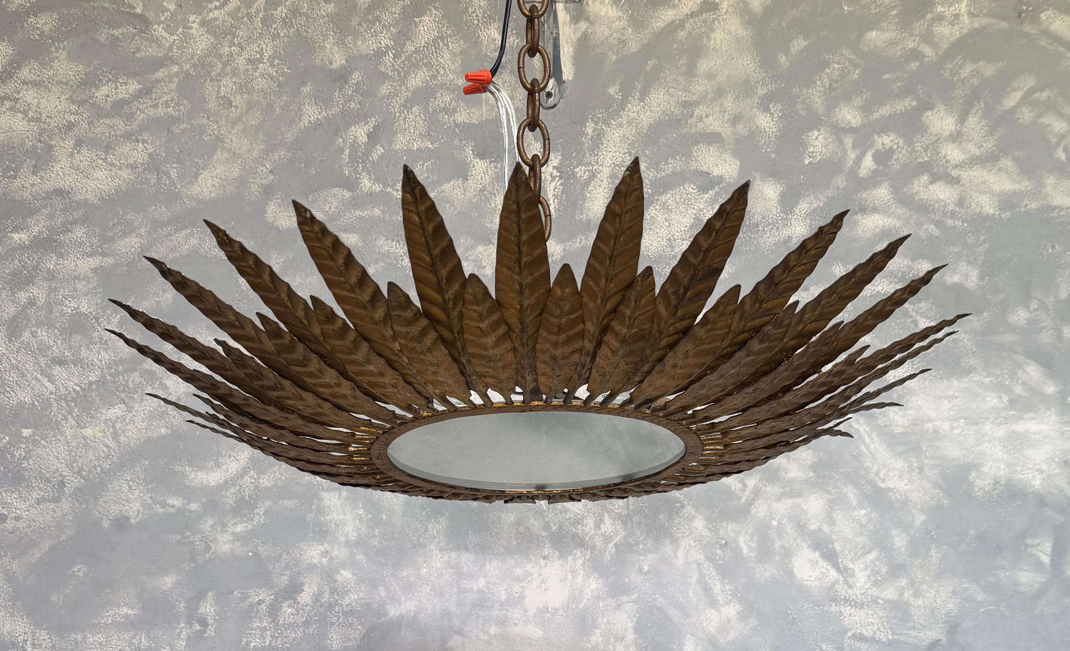 Spanish 1950's Flush Mount Sunburst Ceiling Fixture For Sale 2