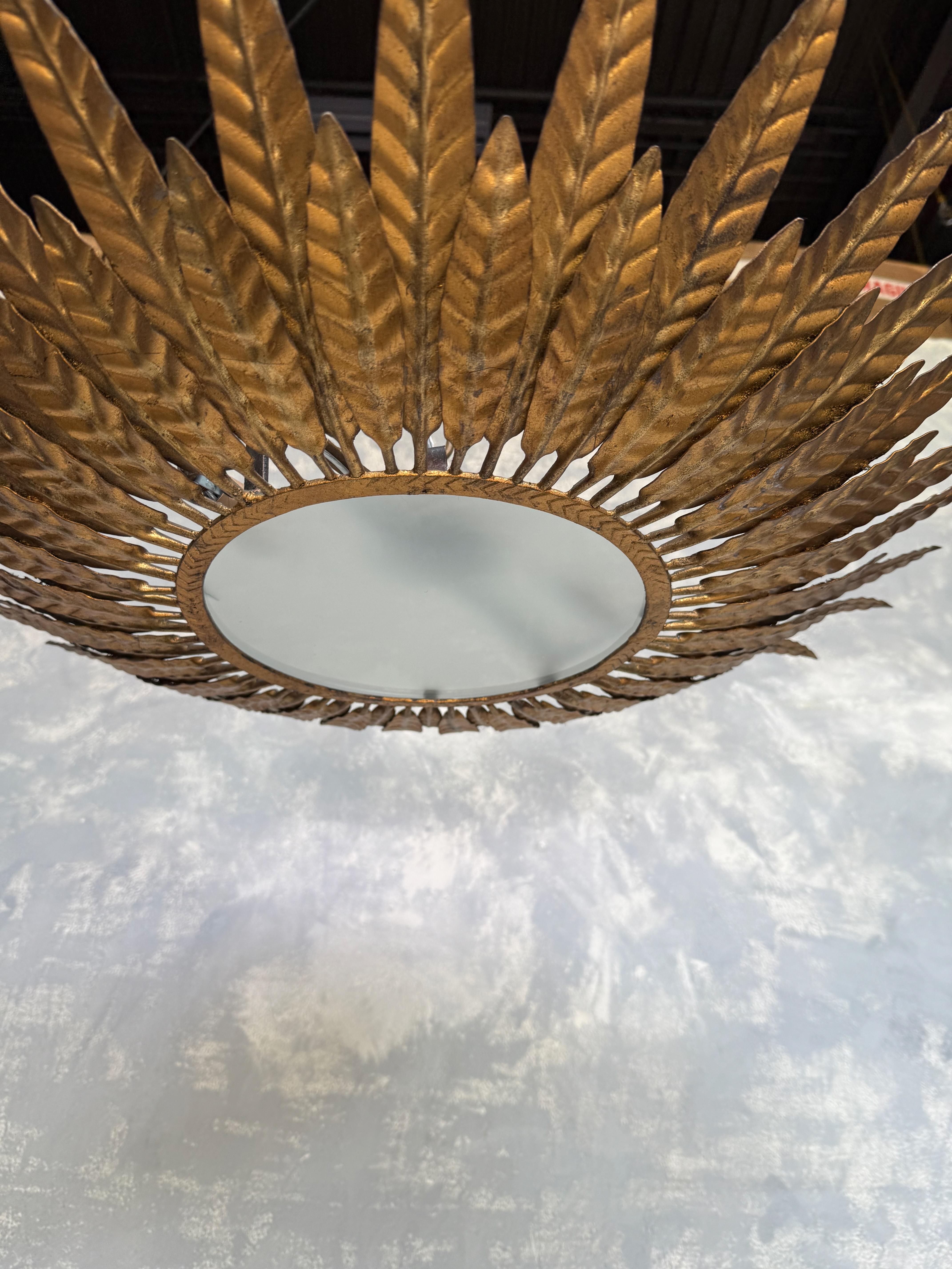 Spanish 1950's Flush Mount Sunburst Ceiling Fixture For Sale 3