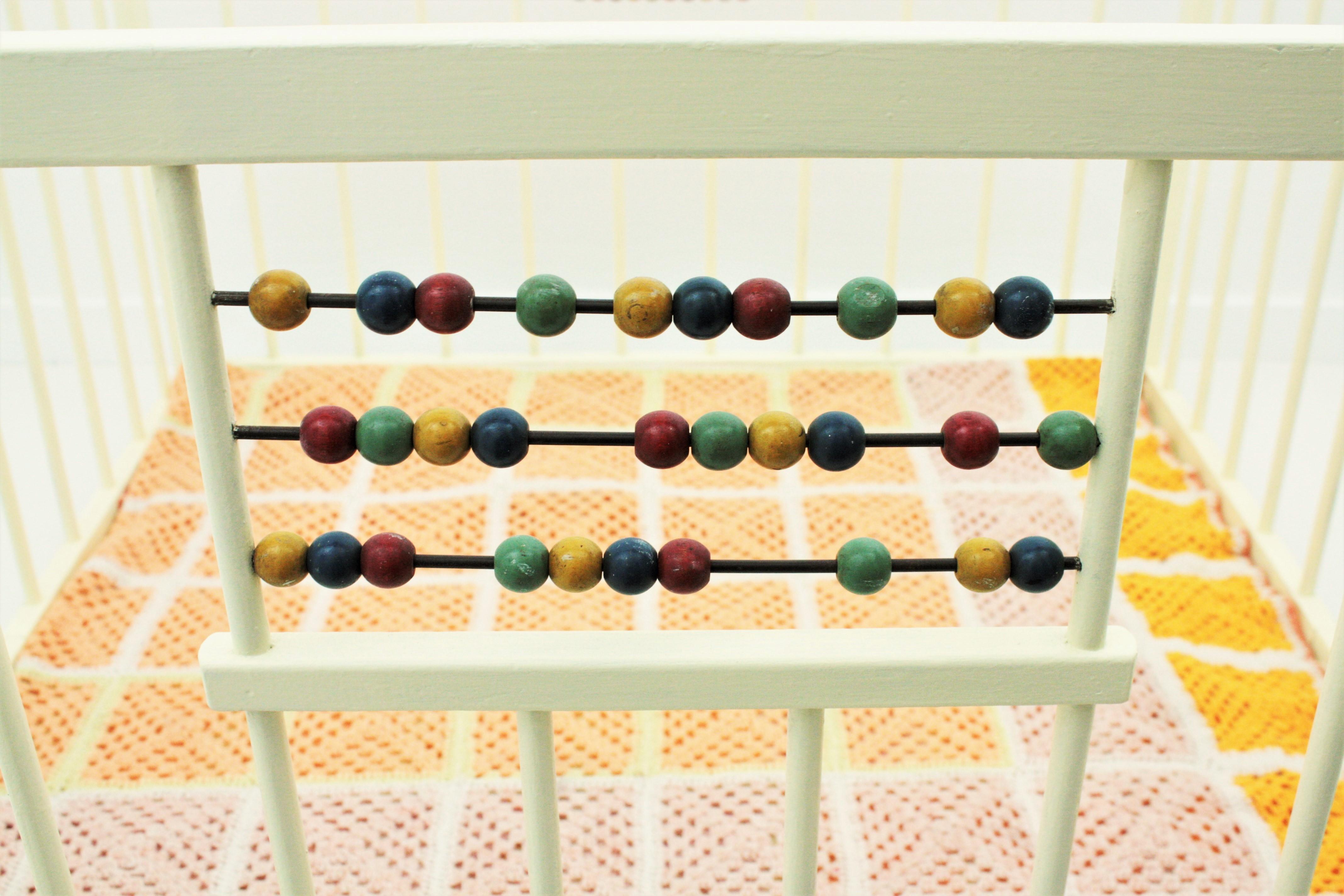 Spanish 1950s Folding Wooden Childs Playpen with Beads Abacus Toy For Sale 2