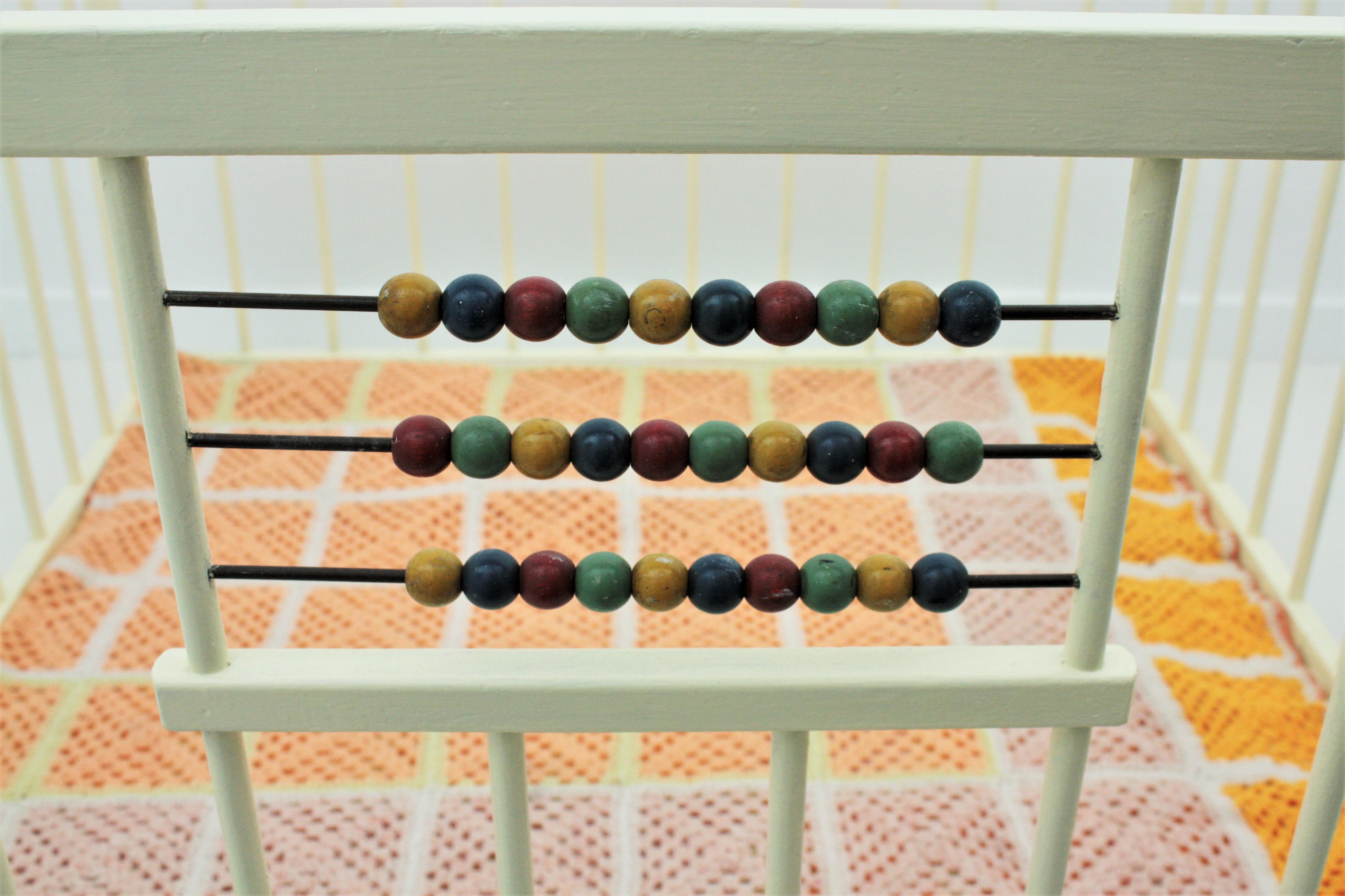 Spanish 1950s Folding Wooden Childs Playpen with Beads Abacus Toy For Sale 1