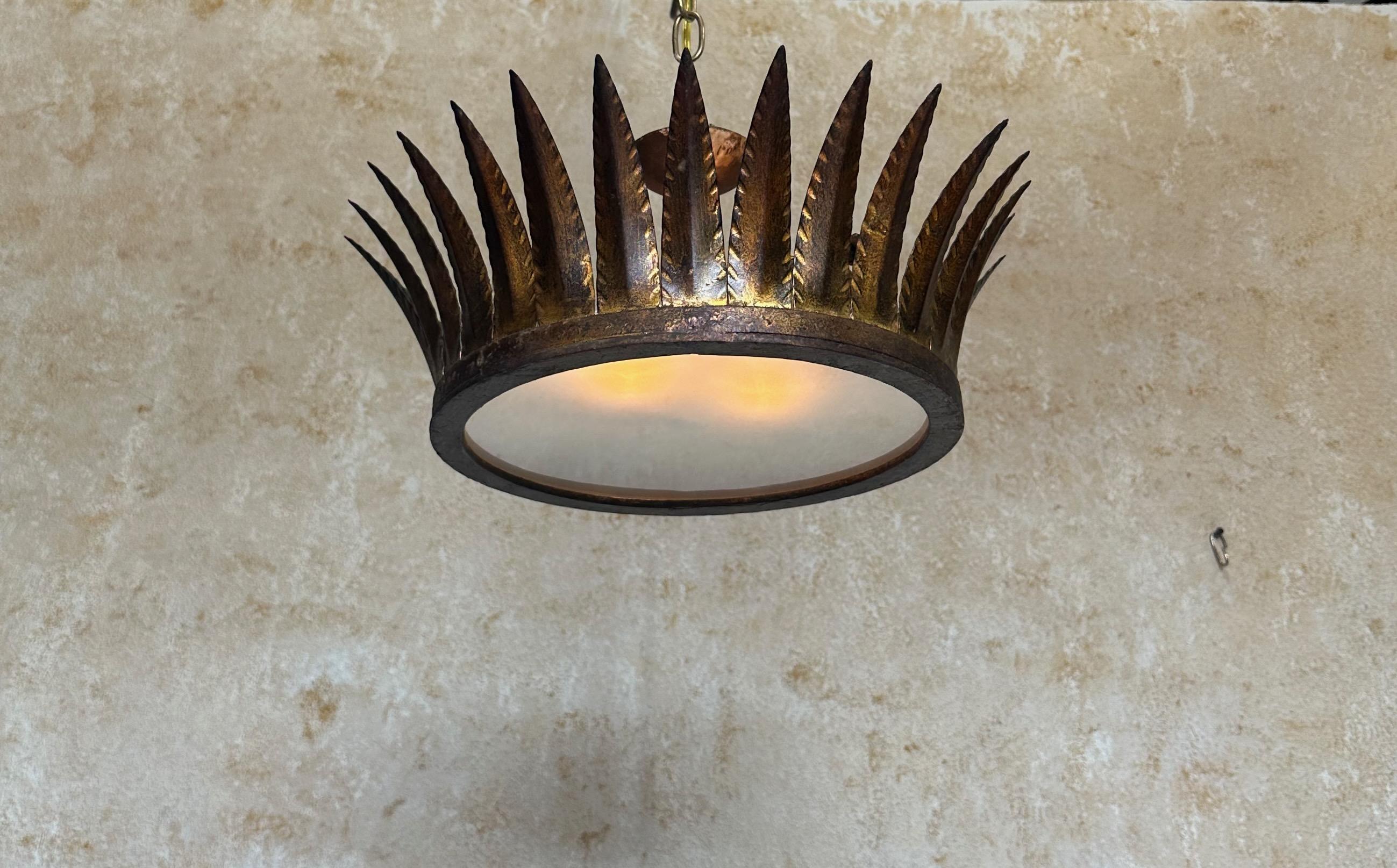 Art Nouveau Spanish 1950s Gilt Crown Ceiling Fixture