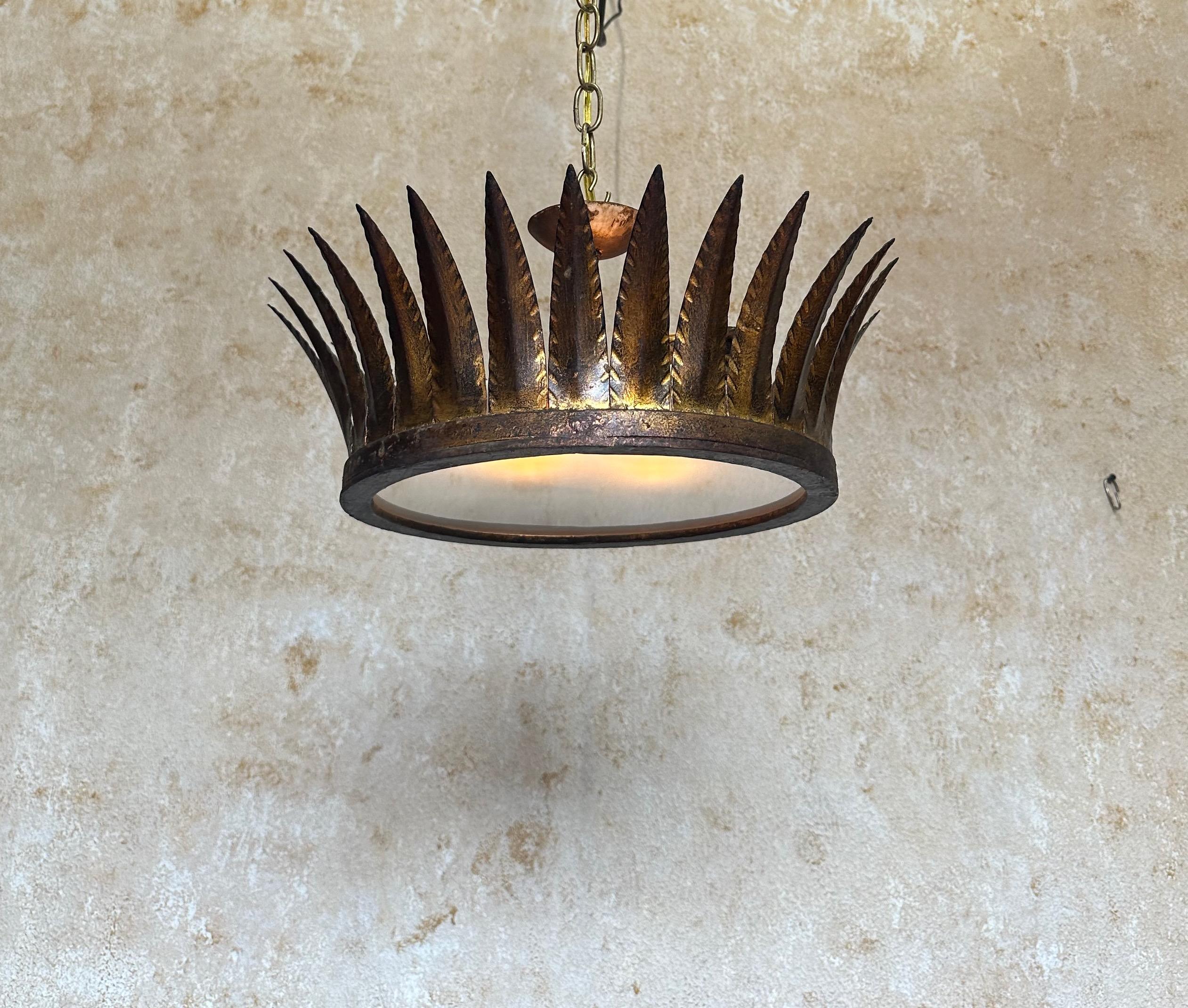 Spanish 1950s Gilt Crown Ceiling Fixture In Good Condition In Buchanan, NY