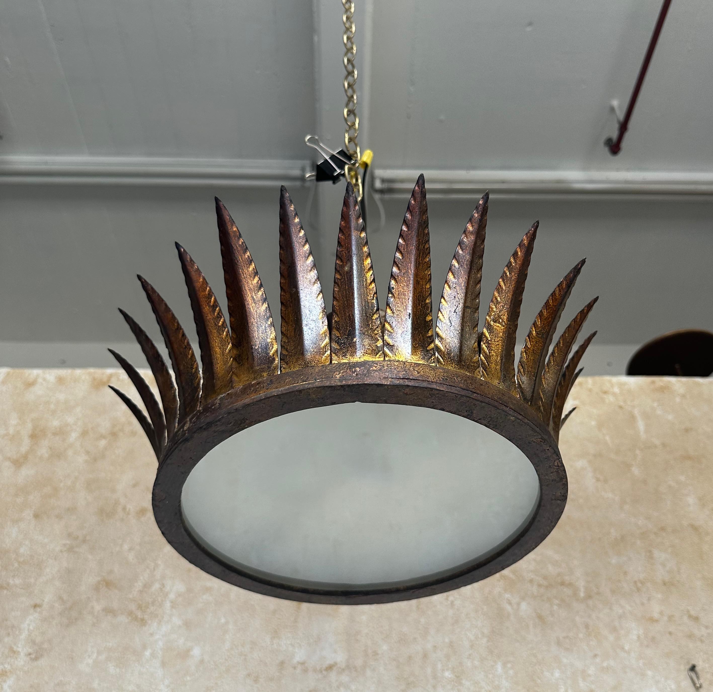 Metal Spanish 1950s Gilt Crown Ceiling Fixture