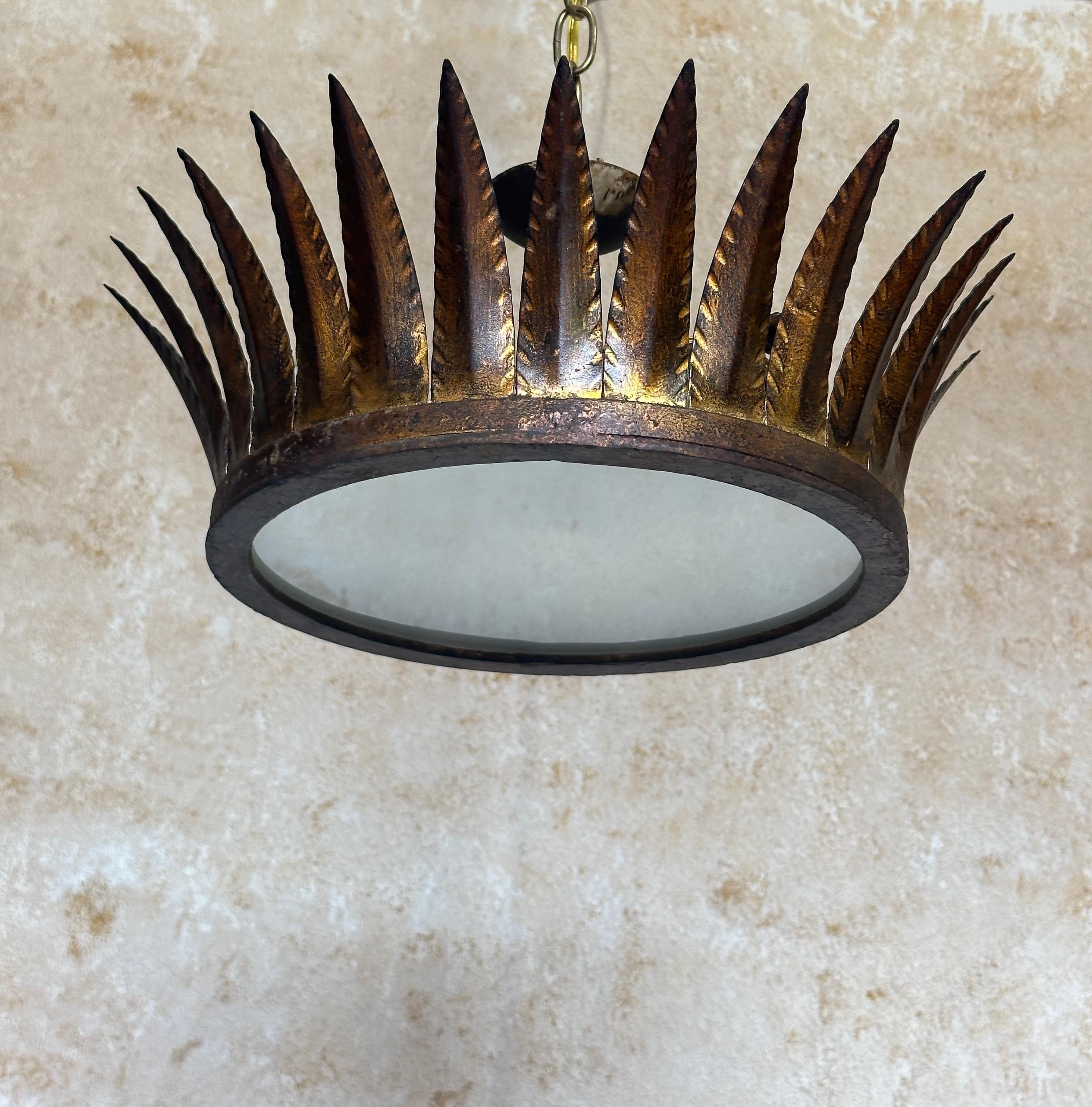 Spanish 1950s Gilt Crown Ceiling Fixture 2