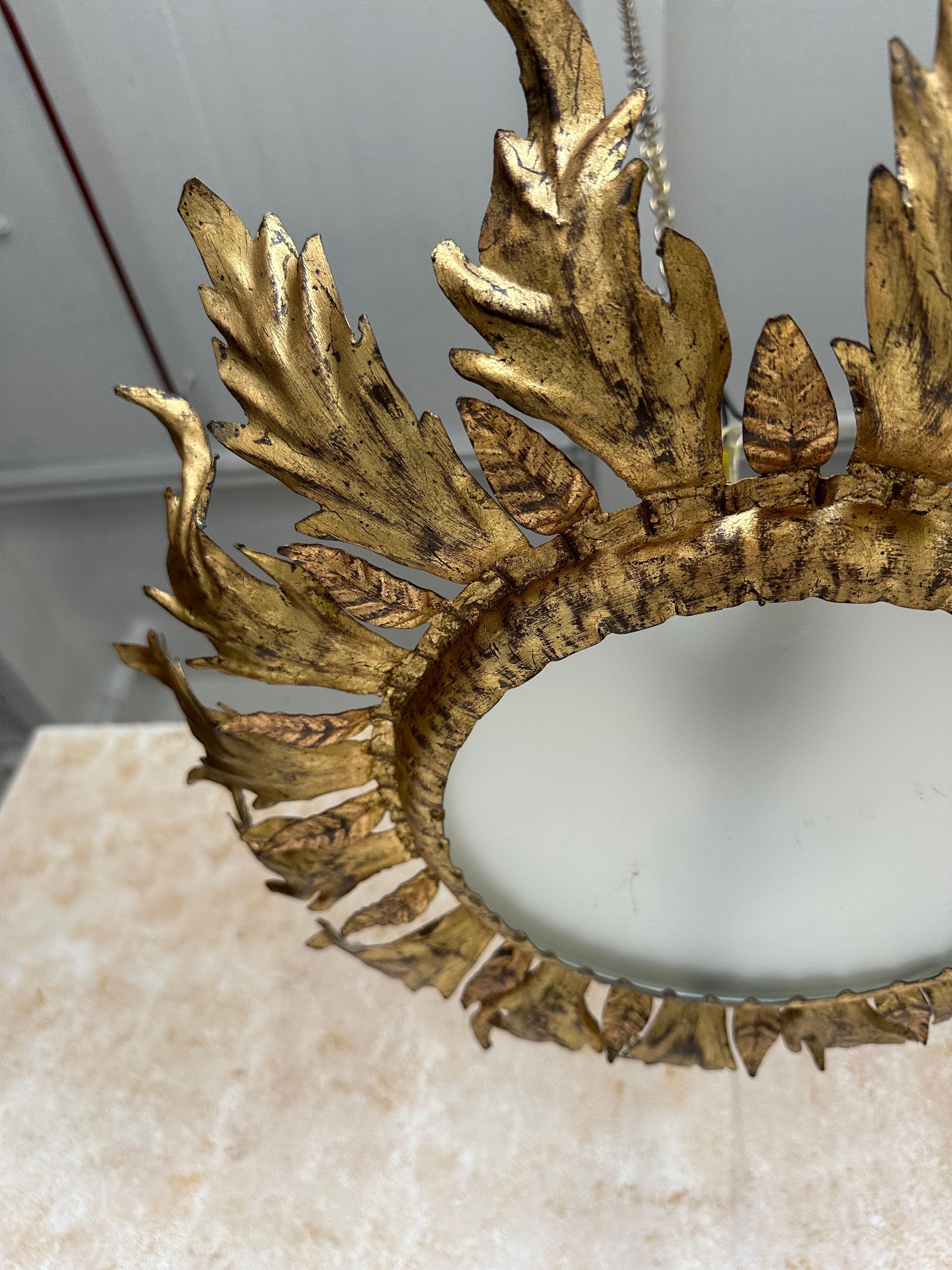 Spanish 1950's Gilt Metal Crown Ceiling Fixture 3