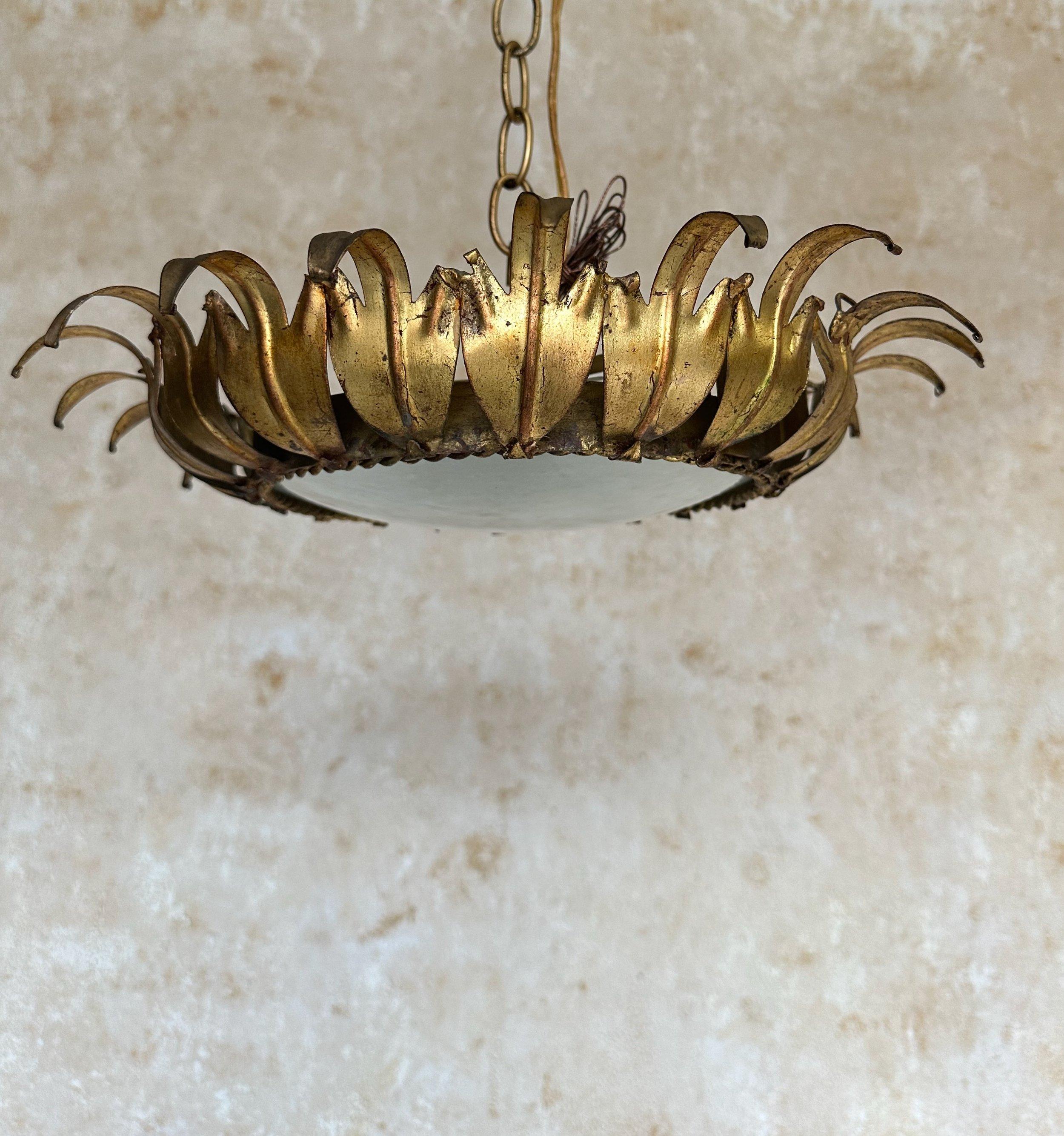 Spanish 1950s Gilt Metal Crown Ceiling Fixture 5