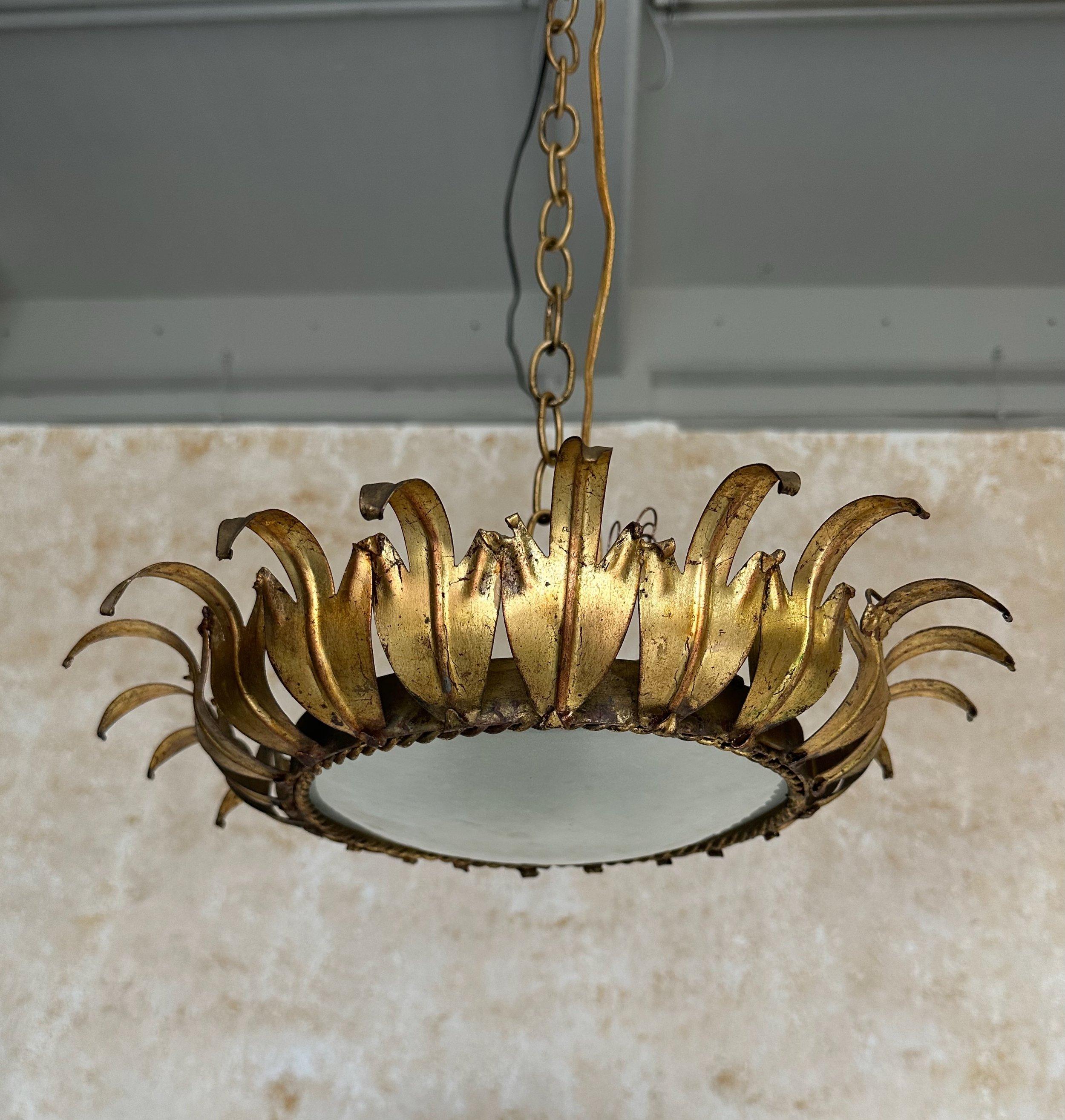 Spanish 1950s Gilt Metal Crown Ceiling Fixture 6