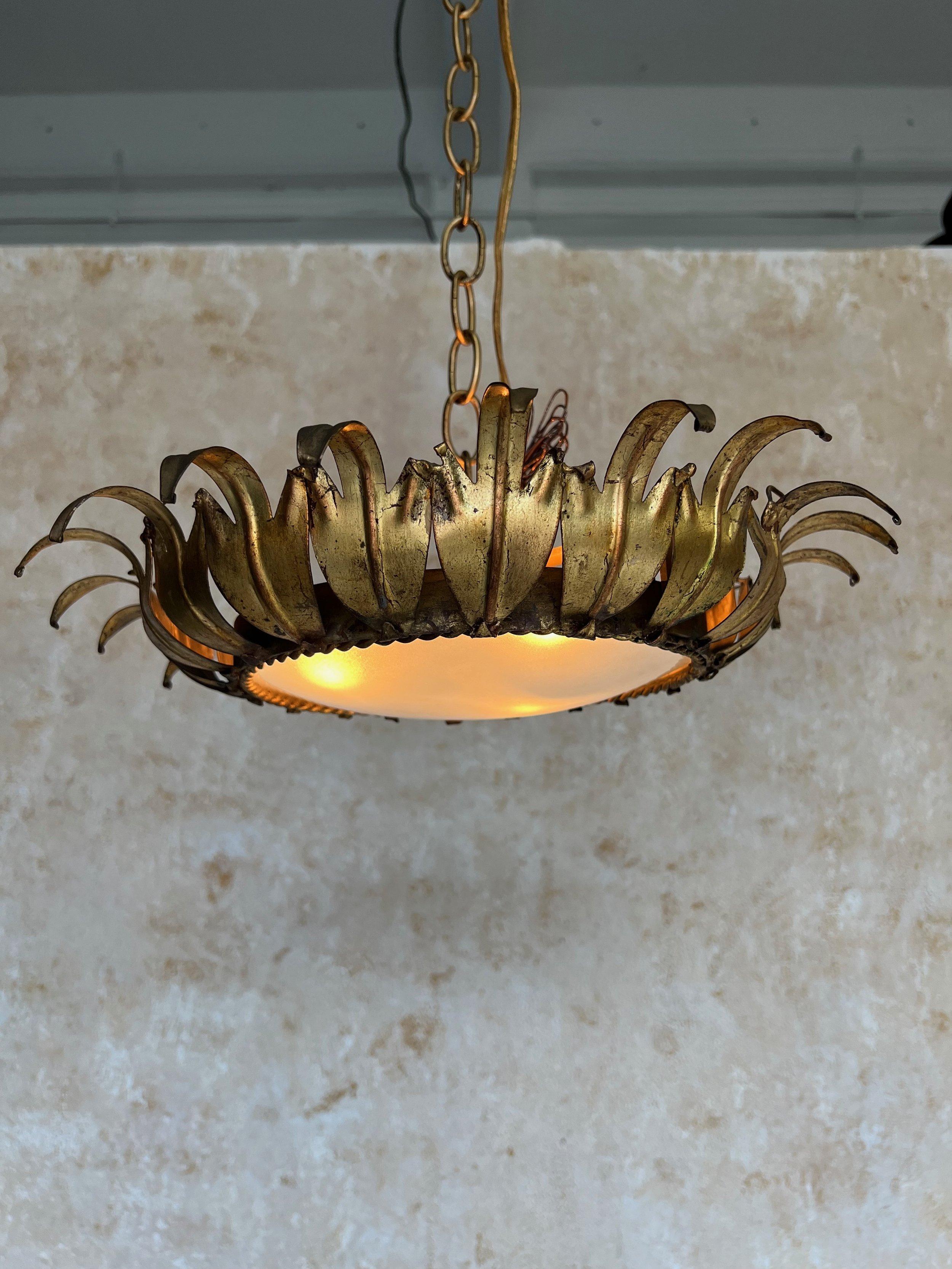 Spanish 1950s Gilt Metal Crown Ceiling Fixture 7