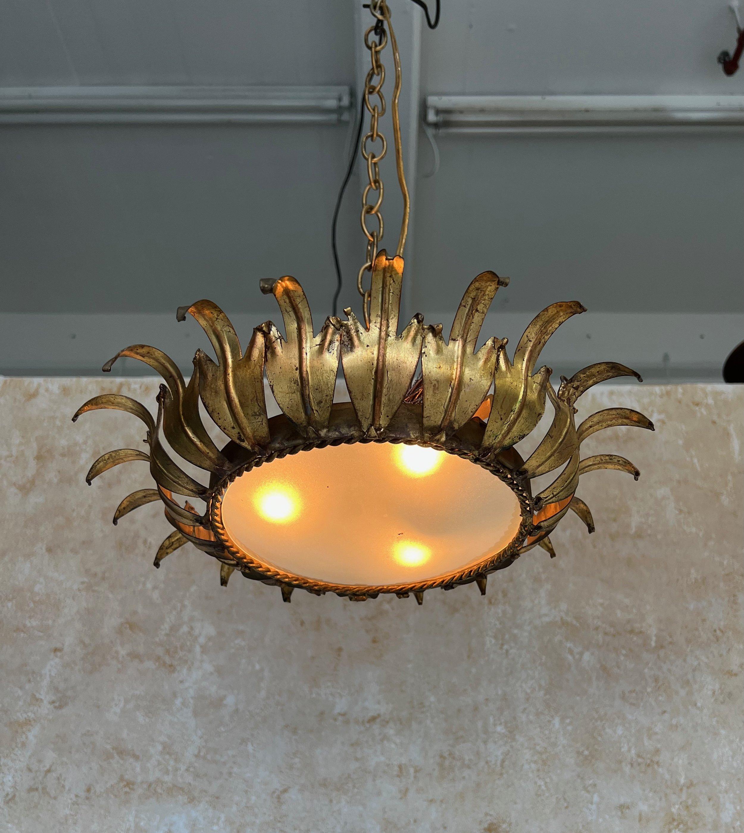 Spanish 1950s Gilt Metal Crown Ceiling Fixture 8