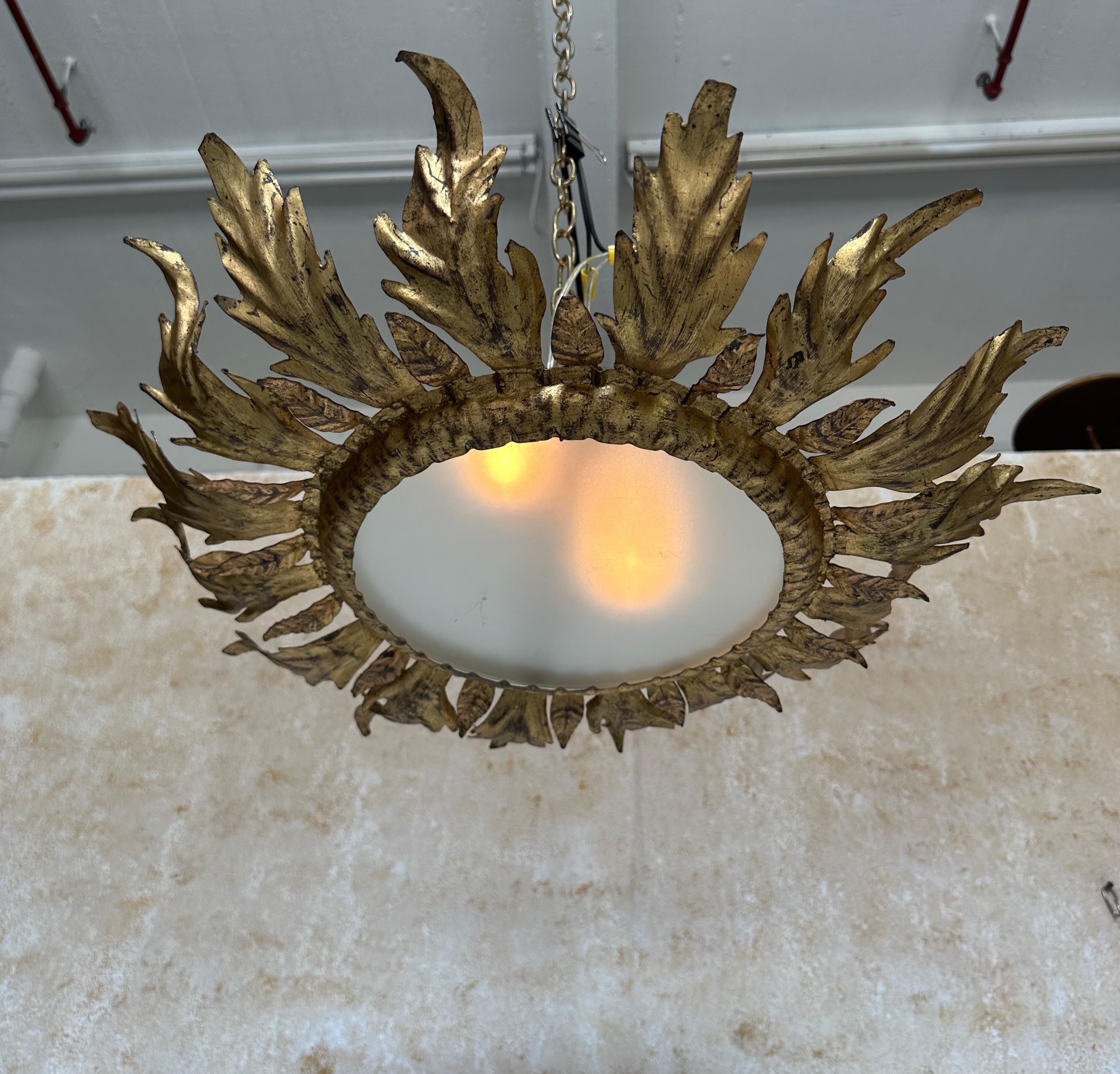 Art Nouveau Spanish 1950's Gilt Metal Crown Ceiling Fixture