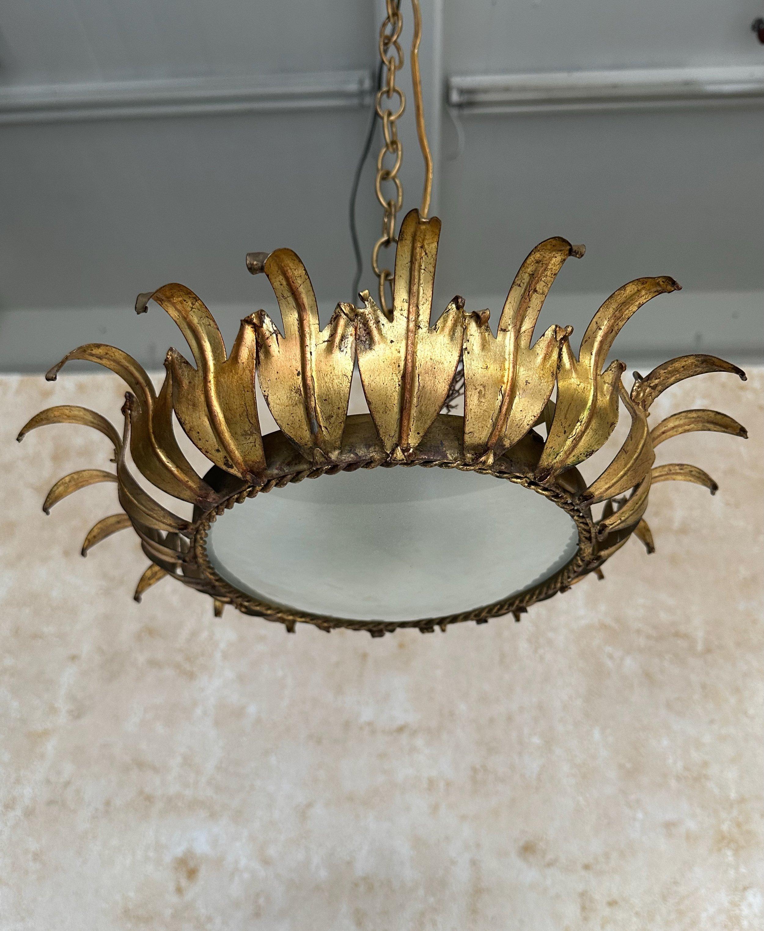 Art Nouveau Spanish 1950s Gilt Metal Crown Ceiling Fixture