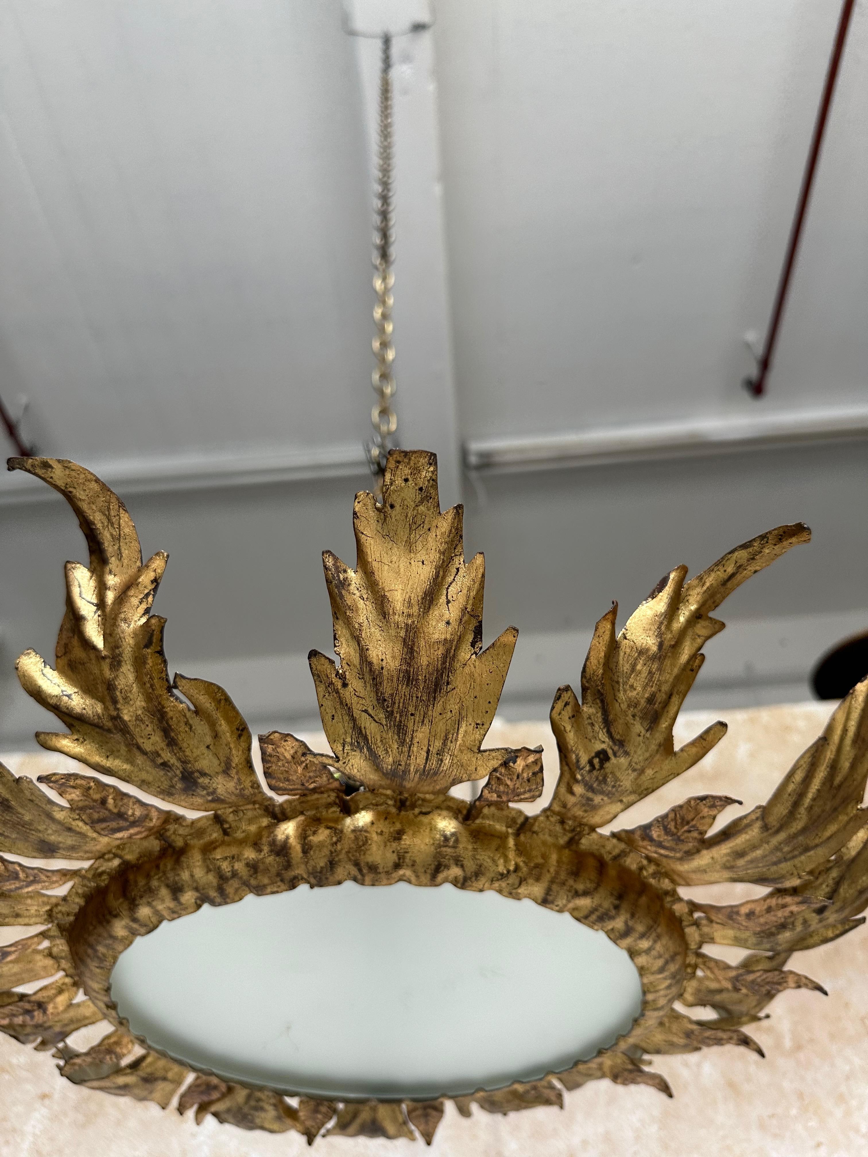 Hand-Crafted Spanish 1950's Gilt Metal Crown Ceiling Fixture
