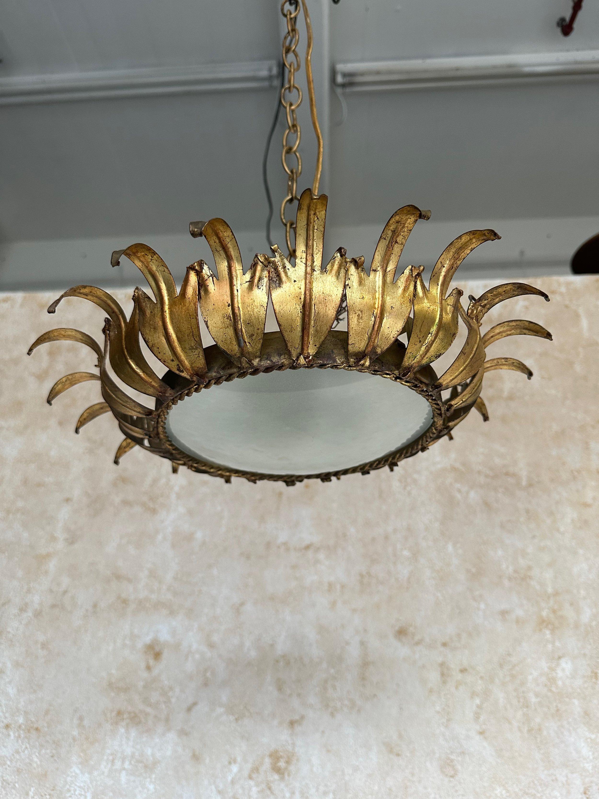Spanish 1950s Gilt Metal Crown Ceiling Fixture In Good Condition In Buchanan, NY