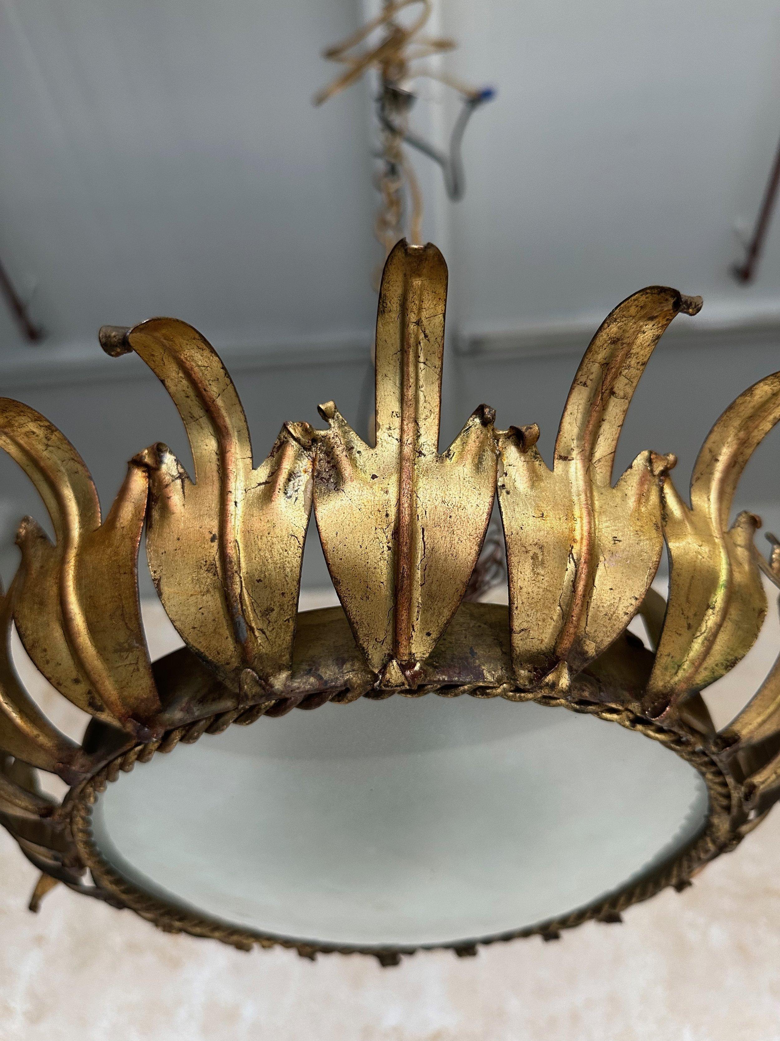 Mid-20th Century Spanish 1950s Gilt Metal Crown Ceiling Fixture