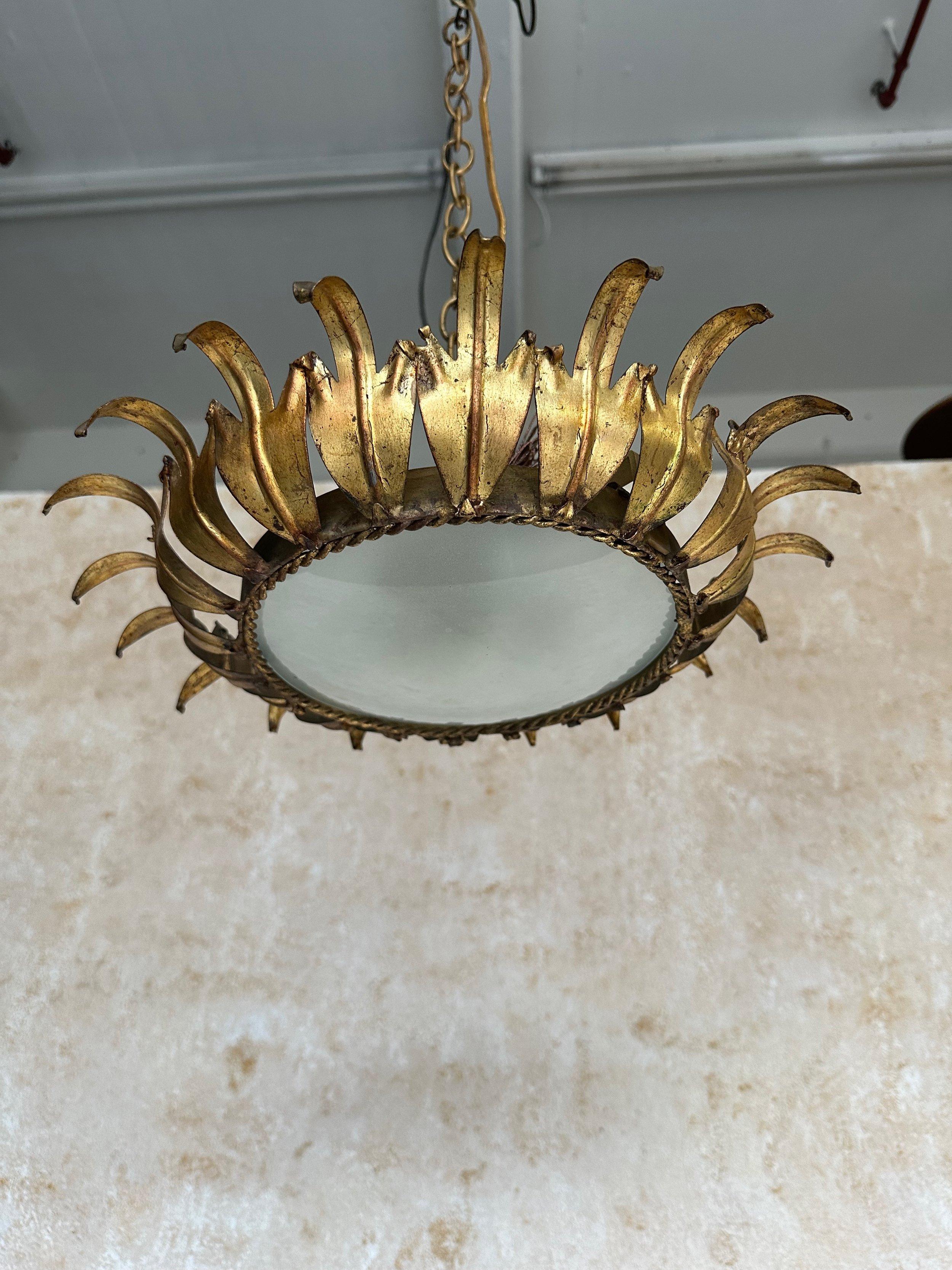 Spanish 1950s Gilt Metal Crown Ceiling Fixture 2