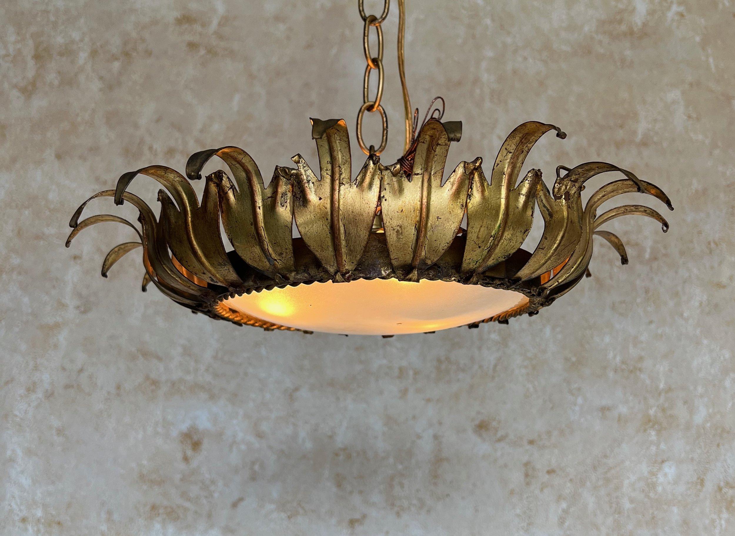 Spanish 1950s Gilt Metal Crown Ceiling Fixture 3