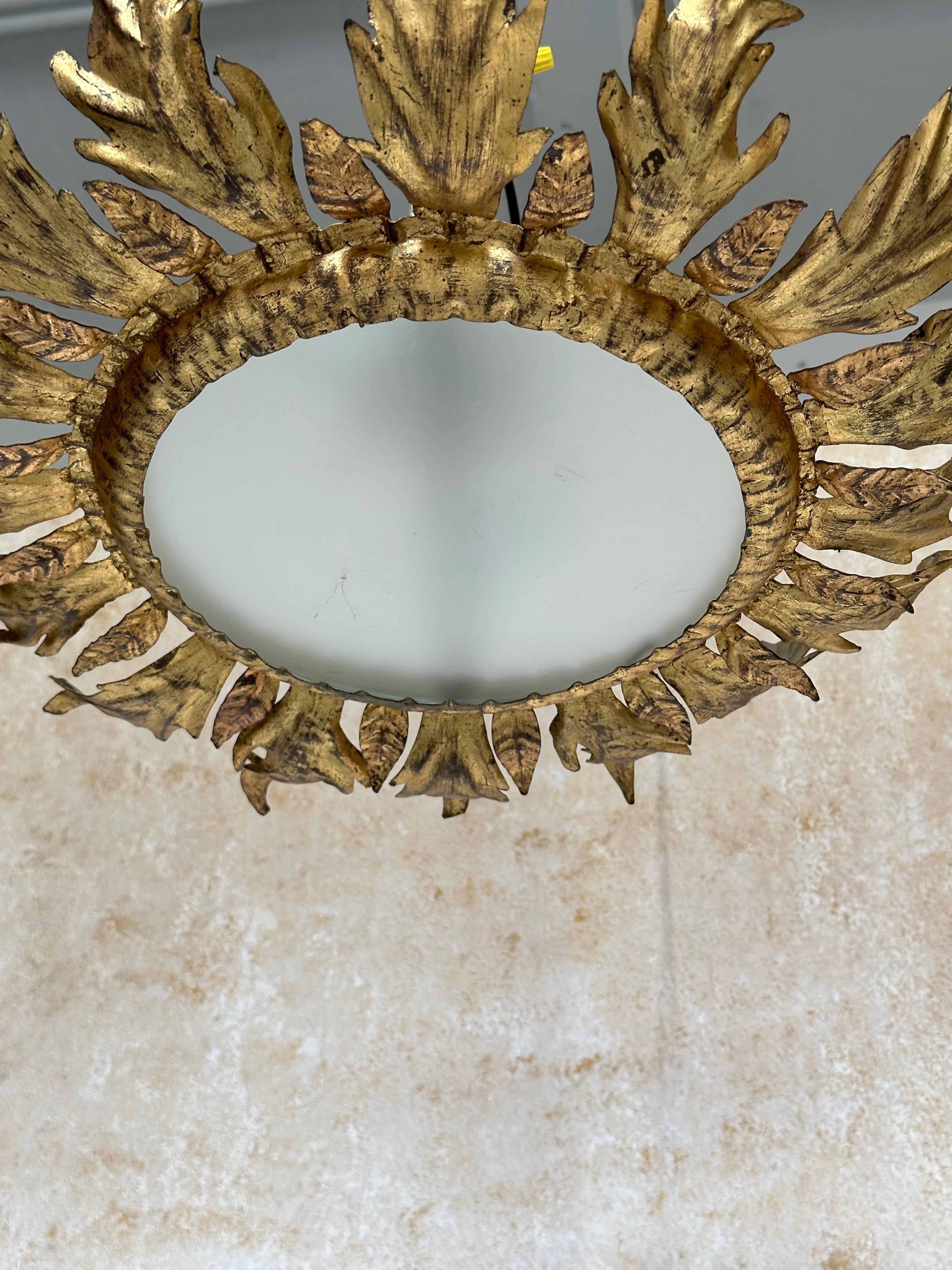 Spanish 1950's Gilt Metal Crown Ceiling Fixture 2
