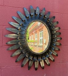 Spanish 1950s Oval Sunburst Wall Mirror – Hand-Forged Iron, Mid-Century Design