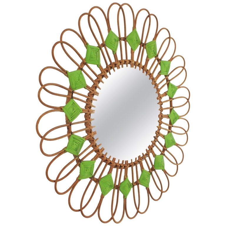 Spanish 1950s Rattan Sunburst Flower Shaped Mirror With Green Rhombus Details
