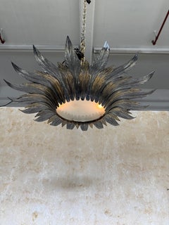 Spanish 1950s Sunburst Leaf Ceiling Fixture with Frosted Glass