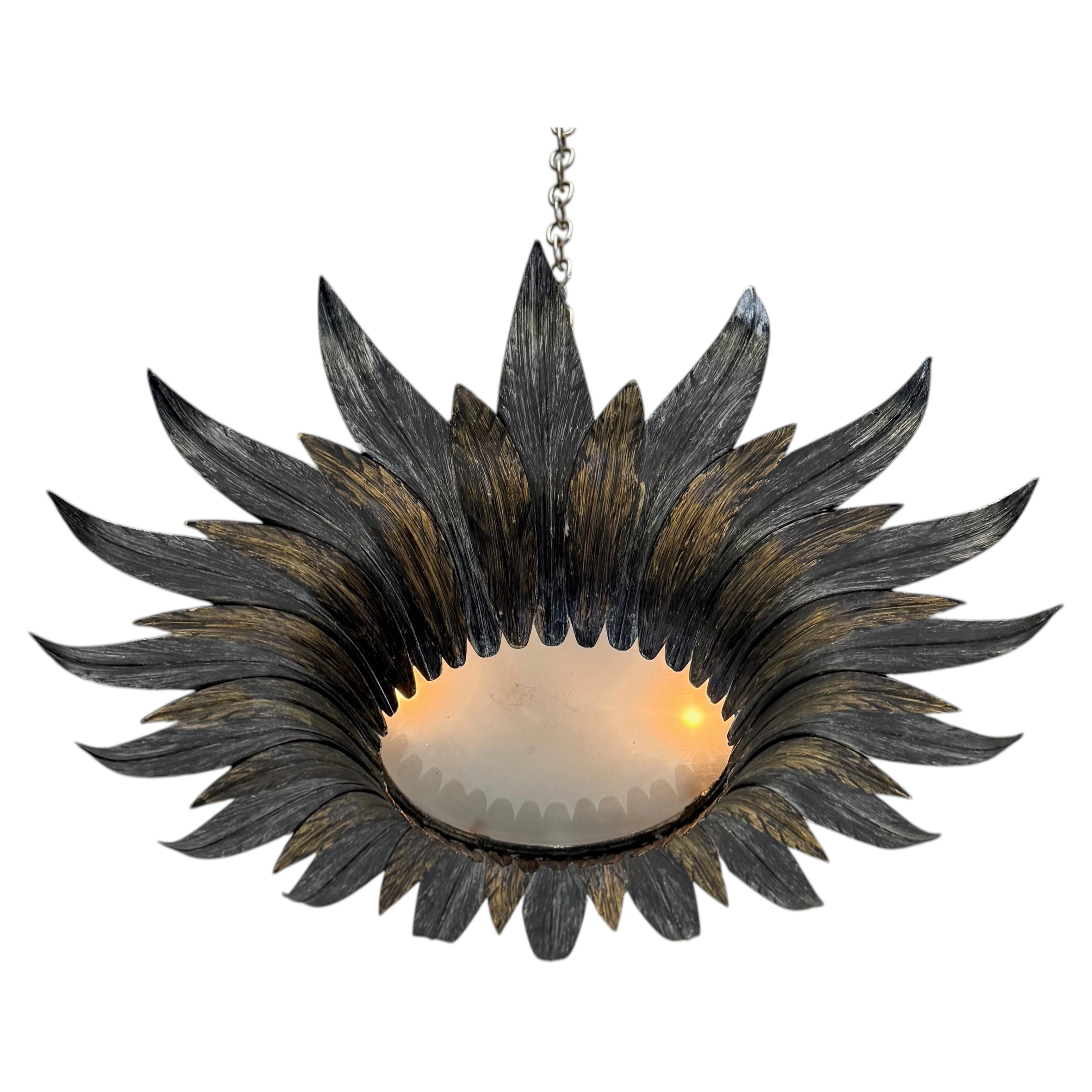 Spanish 1950s Sunburst Leaf Ceiling Fixture with Frosted Glass For Sale