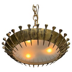 Spanish 1960s Brutalist Gilt Metal Nail Design Sunburst Ceiling Fixture