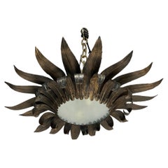 Spanish 1950's Gilt Metal Flush Mount Ceiling Fixture