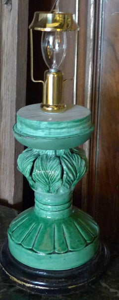 Spanish 1960s Green Glaze Mansies Ceramic Table Lamp with Milk White Shade