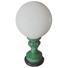 Spanish 1960s Green Glaze Mansies Ceramic Table Lamp with Milk White Shade