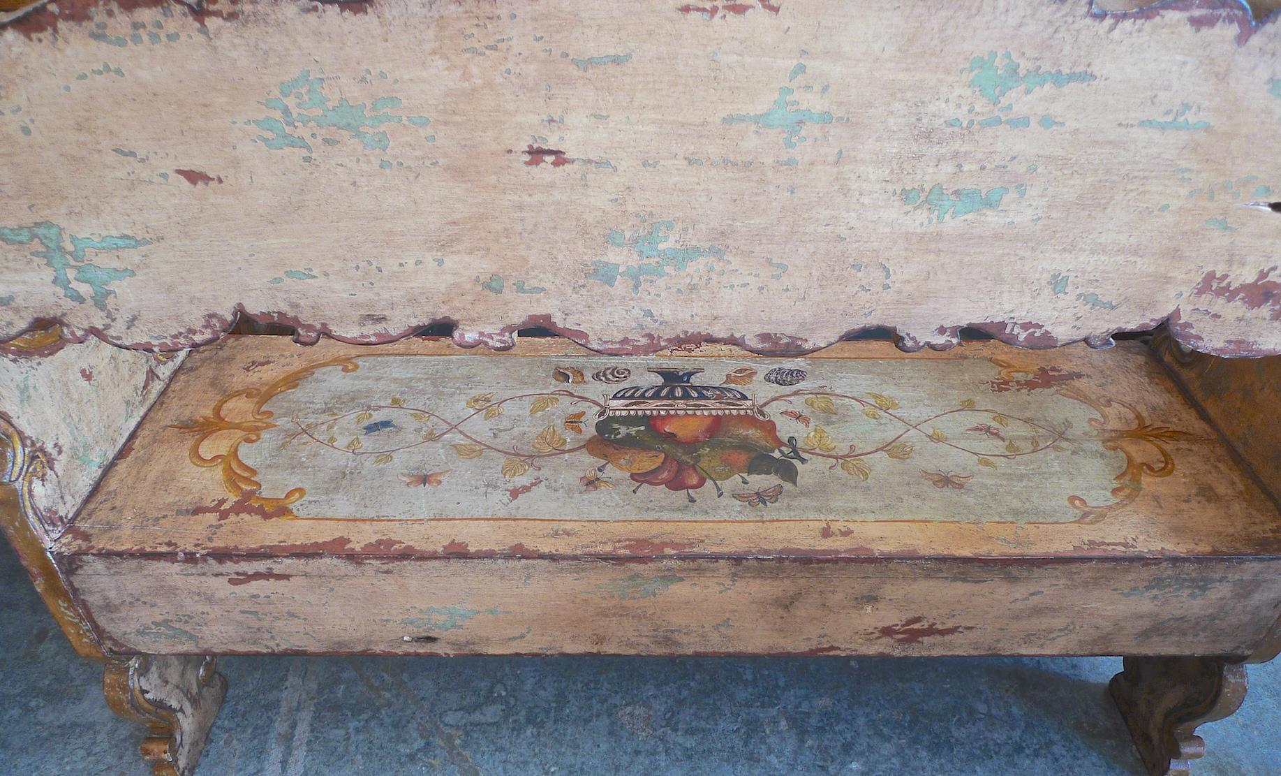 Spanish 1960s Hand-Carved Hand-Painted Decorative Wall Bench with High Back 14