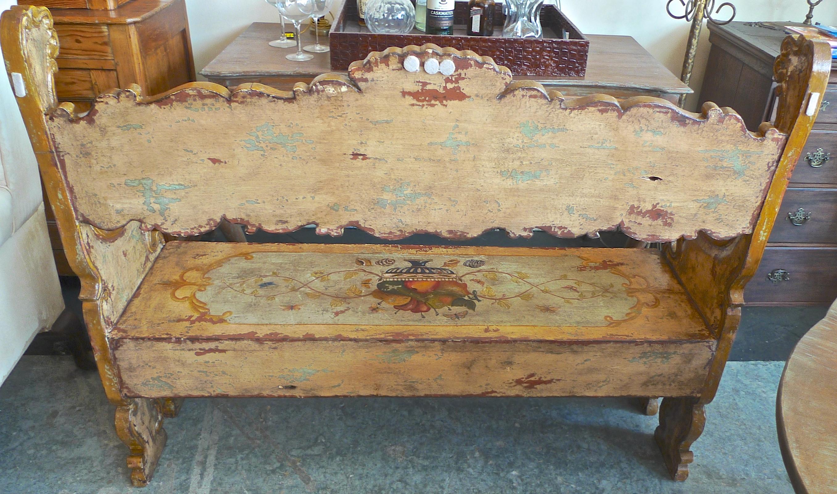Spanish 1960s hand-carved hand-painted decorative wall bench with high back and side arms.