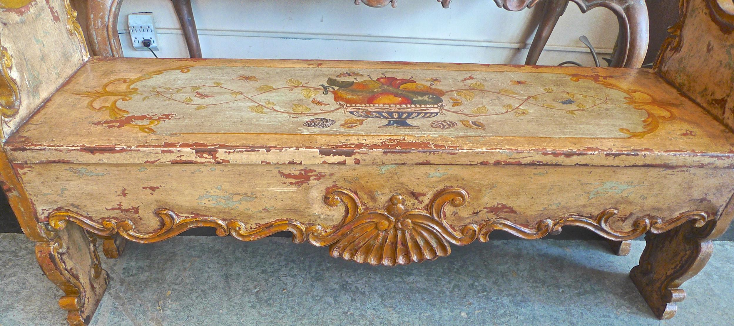 Spanish 1960s Hand-Carved Hand-Painted Decorative Wall Bench with High Back In Distressed Condition In Santa Monica, CA