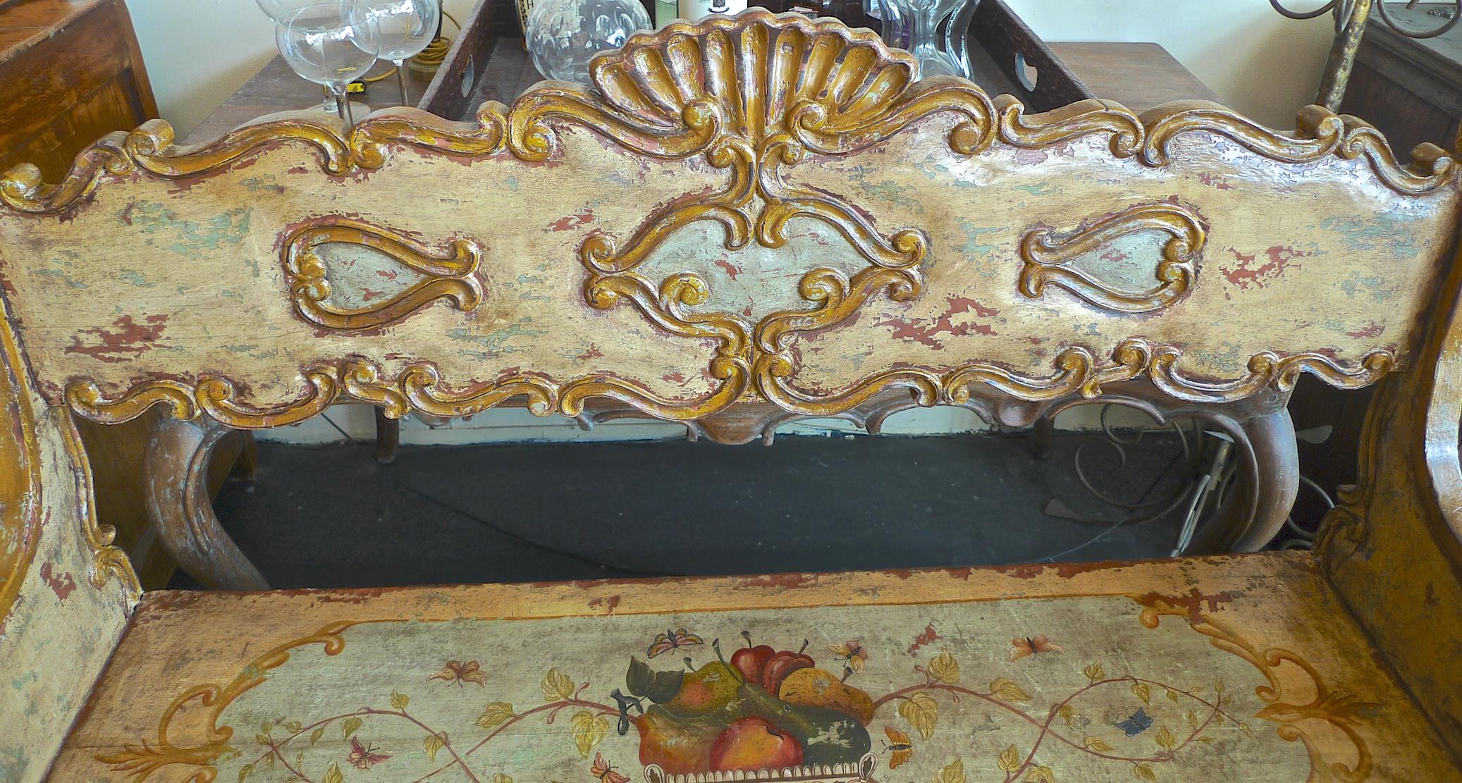 20th Century Spanish 1960s Hand-Carved Hand-Painted Decorative Wall Bench with High Back