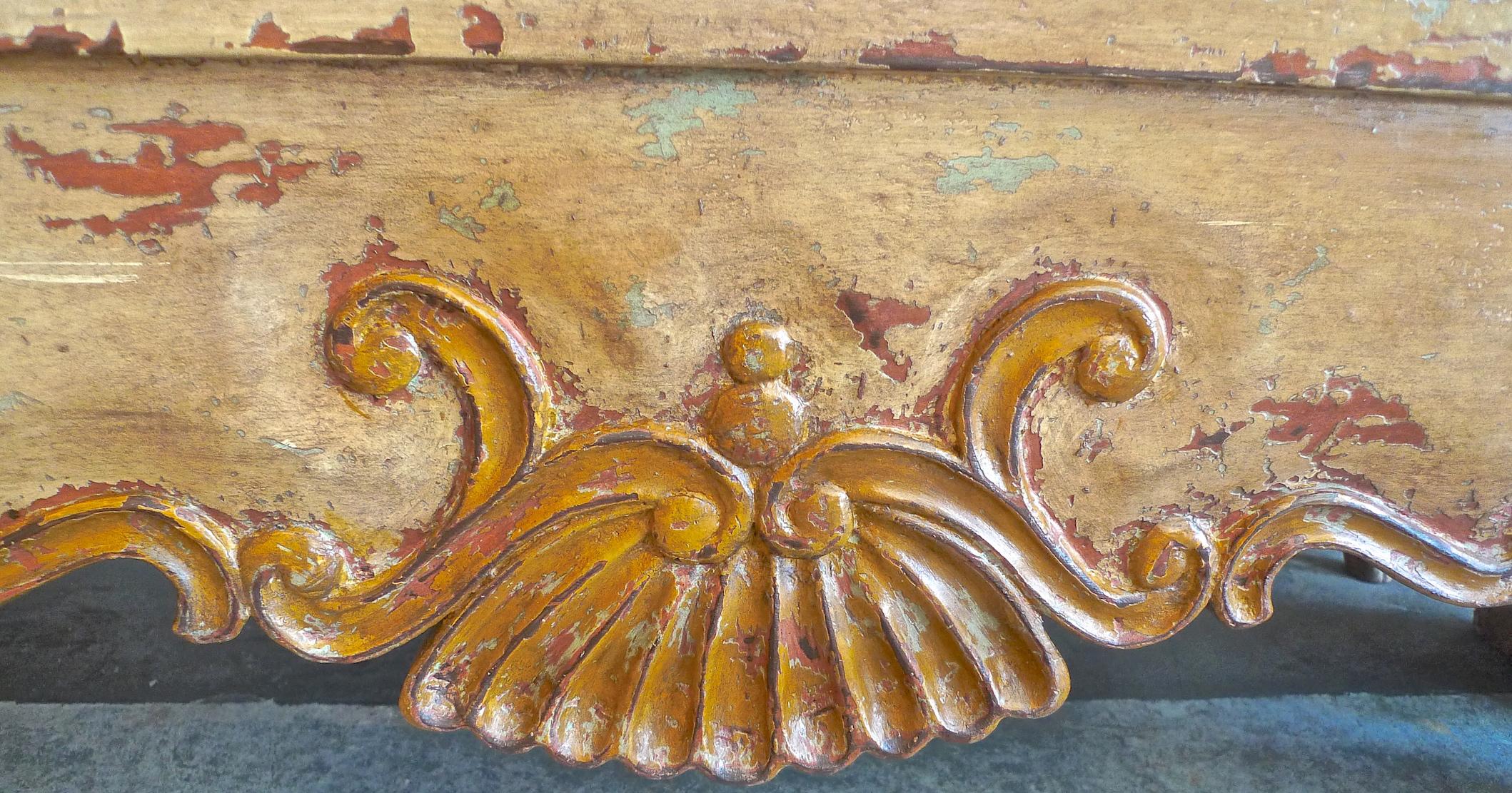 Wood Spanish 1960s Hand-Carved Hand-Painted Decorative Wall Bench with High Back