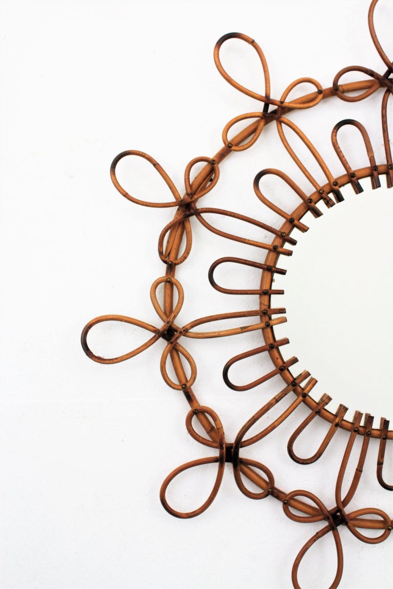 Spanish 1960s Looped Rattan and Wicker Flower Burst Mirror with