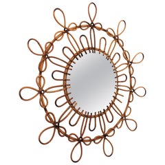 Vintage Spanish 1960s Looped Rattan & Wicker Flower Burst Mirror with Pyrography Details