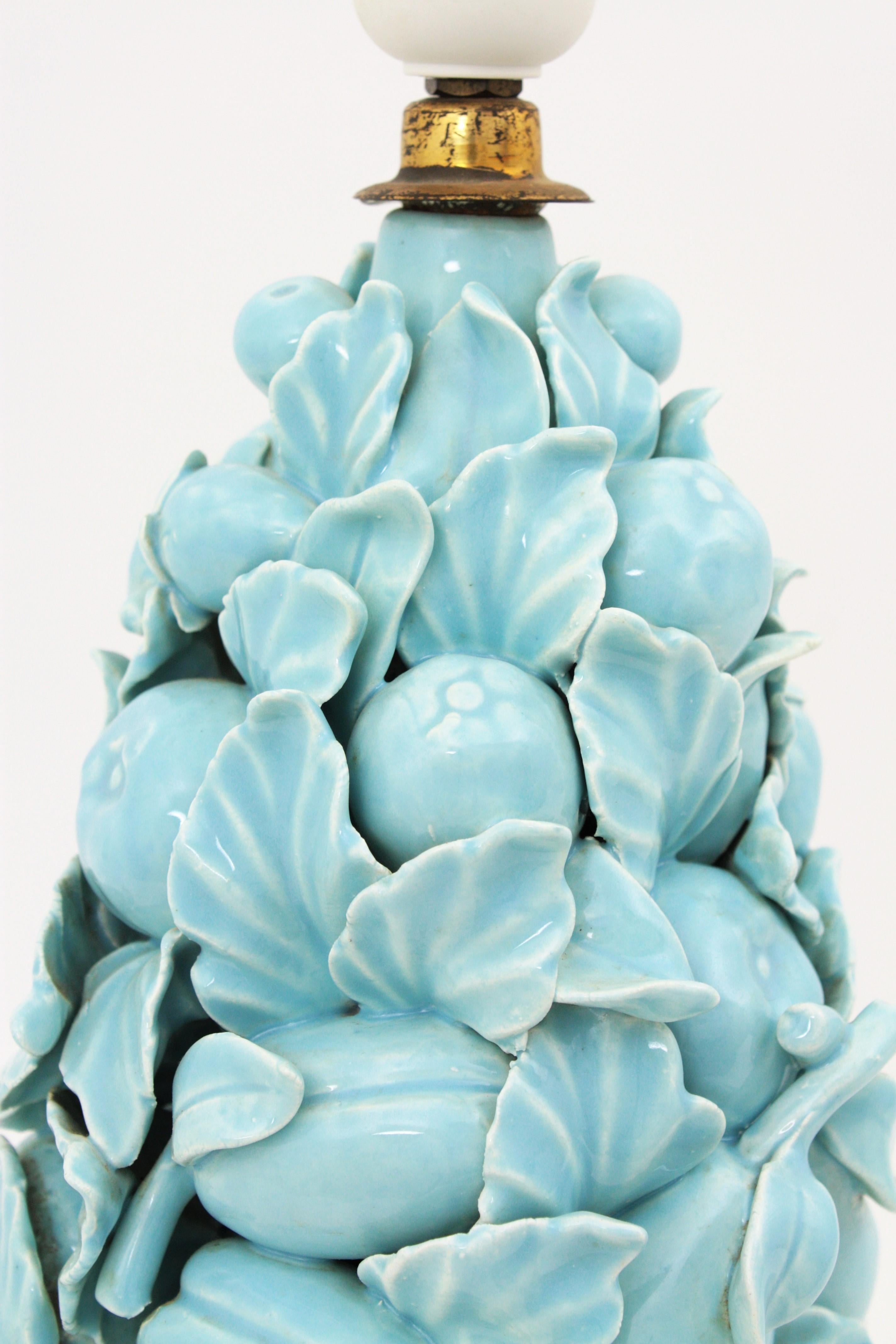 Spanish 1960s Majolica Blue Glazed Manises Ceramic Fruit Table Lamp 5
